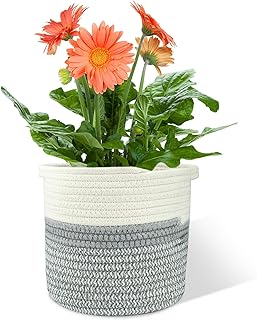 Halcyerdu Corde de Coton Panier, 20×20cm paniers de tressé Pliable a vec poignée Panier de Rangement, Panier de Plantes pour Pot de Fleurs Coton Stand Home Decor Blanc + Gris