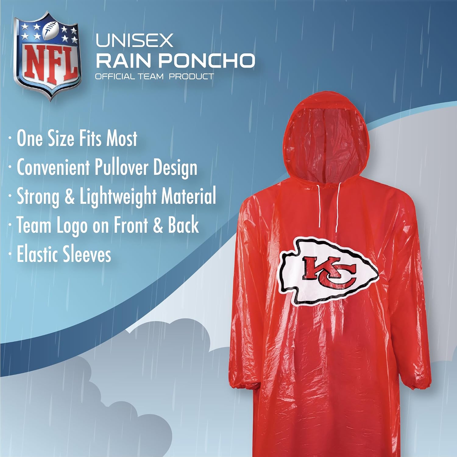 NFL Waterproof Rain Poncho for Adults, Sporty, Elastic Sleeves and Drawstring Hood, Unisex Rain Coat image 5