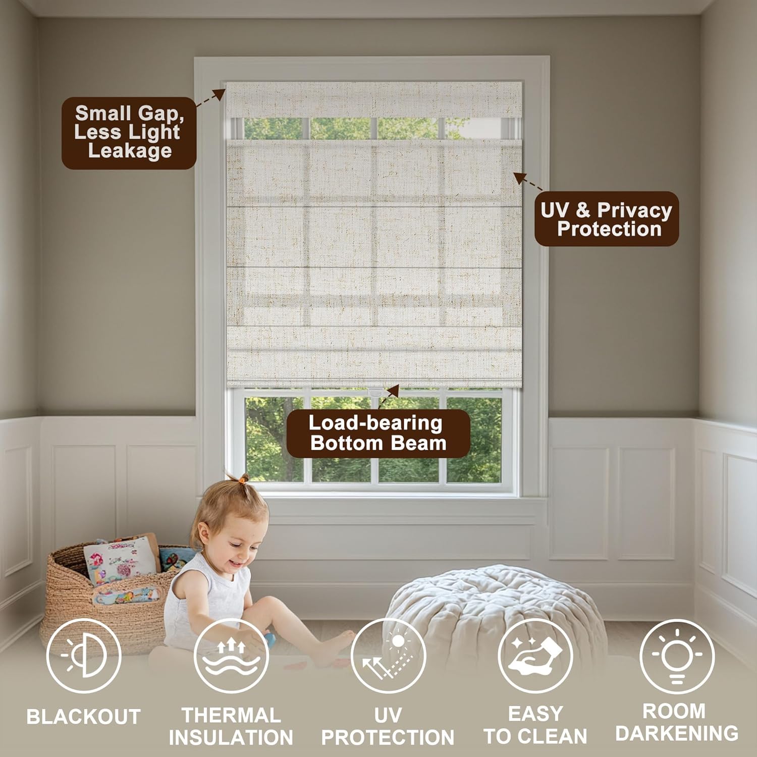 BERISSA Top Down Bottom Up Light Filtering Roman Shades for Window, No Drill Roman Blinds Cordless Easy Install Roman Window Shades for Indoor Windows,Living Room Bedroom,Custom,Linen Beige