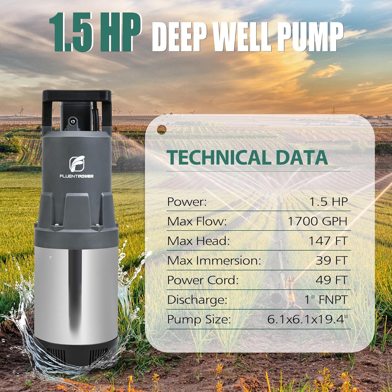 Diagram showing technical data of the 1.5 HP Deep Well Pump including power, max flow, max head, max immersion, power cord, discharge, and pump size.