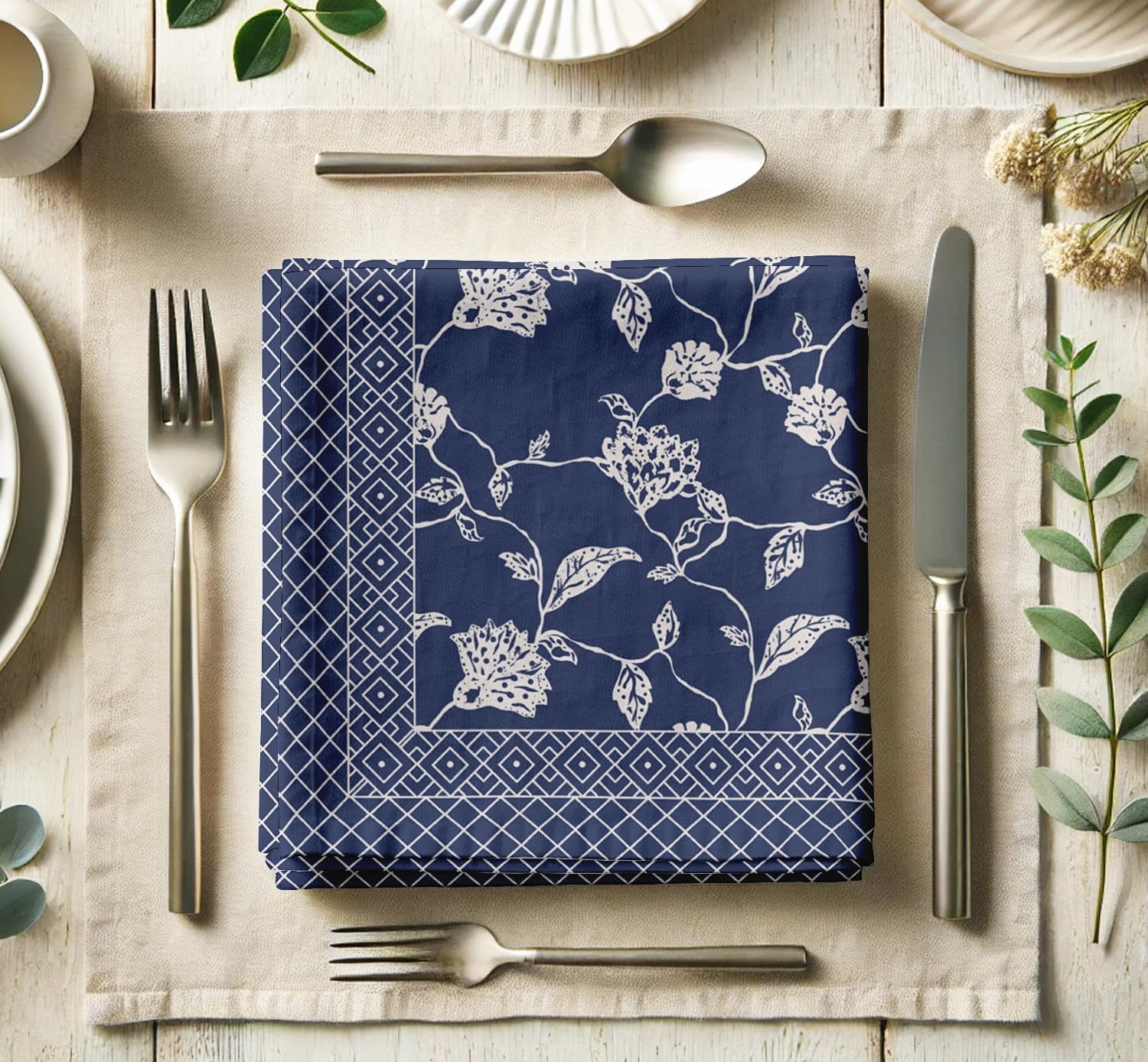Designer Cotton Twill Napkins - Set of 12, 20-Inch, Floral Pattern, Durable & Absorbent Cloth Napkins for Dining, Parties, and Home Decor - Machine Washable