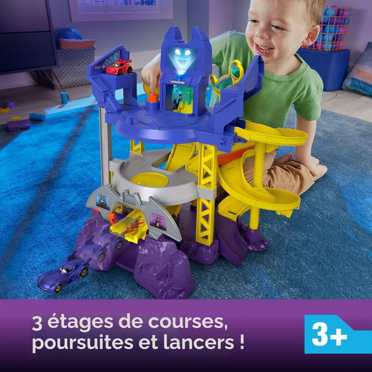 Fisher-Price DC Batwheels - Batcaverne Lancia et Sflèche, Jeu de Piste inspiré de la Batcaverne avec 3 Plans de Jeu, lumières et Sons, Comprend 2 Voitures, Jouet pour Enfants, 3+ Ans, HYR74
