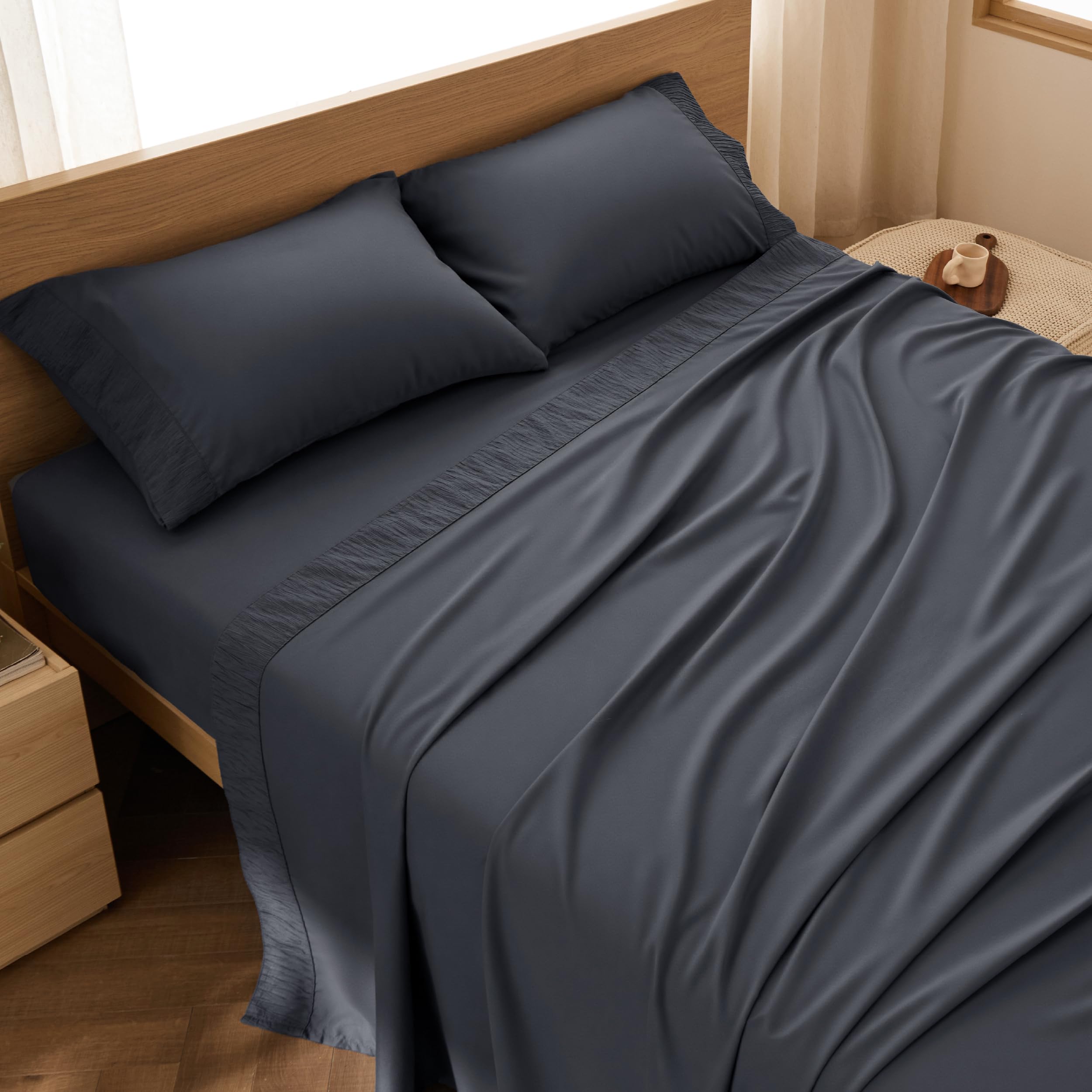 Bedsure California King Sheets Grey - Soft Sheets for California King Size Bed, 4 Pieces Hotel Luxury California King Sheet Sets, Easy Care Polyester Microfiber Cooling Bed Sheet Set