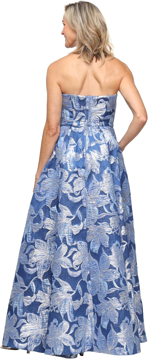 Alex Evenings Women's Long Strapless Printed Jacquard Gown with Matching Shawl