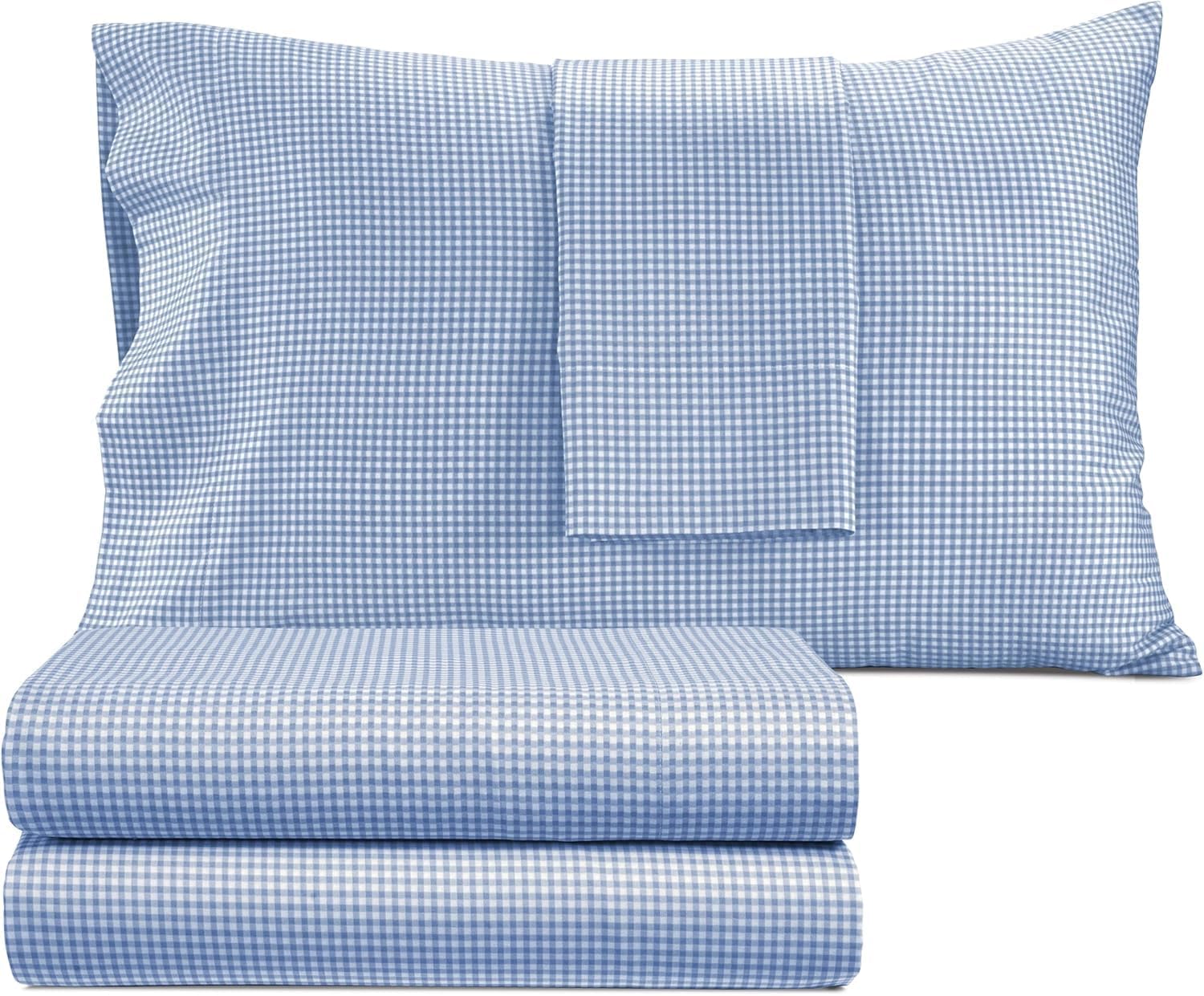 IZOD Sateen Silky 4Pc Queen Size Bed Sheet Set, Deep Pockets–fits Upto 17", Smooth & Buttery Feel,Long-Staple Soft Combed 100% Cotton Bed Sheet, Hotel Luxury Bedding Sheets & Pillowcases-Blue Gingham