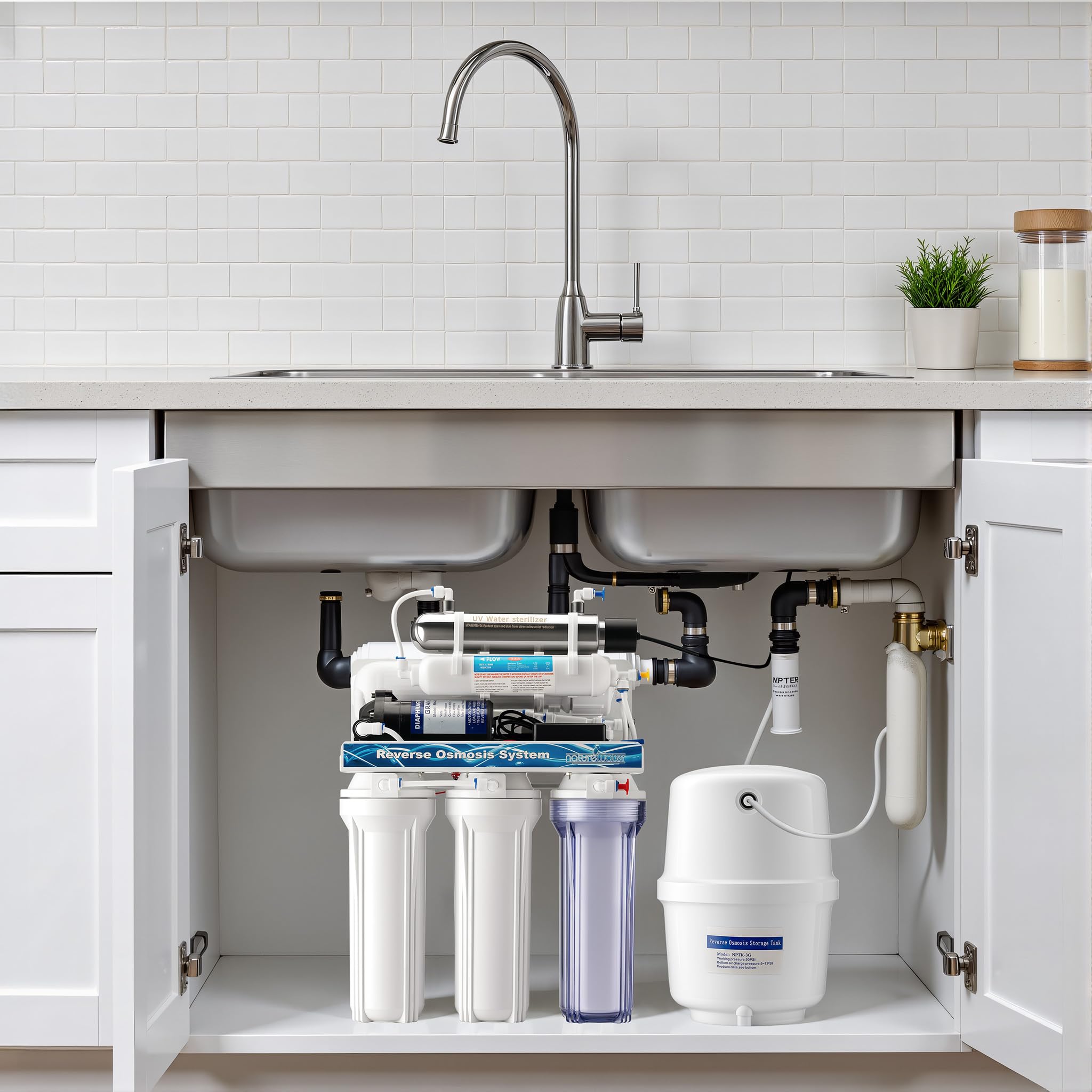 Naturewater Impianto osmosi inversa a 6 stadi 180 l/giorno con chiarificatore UV e pompa di spinta