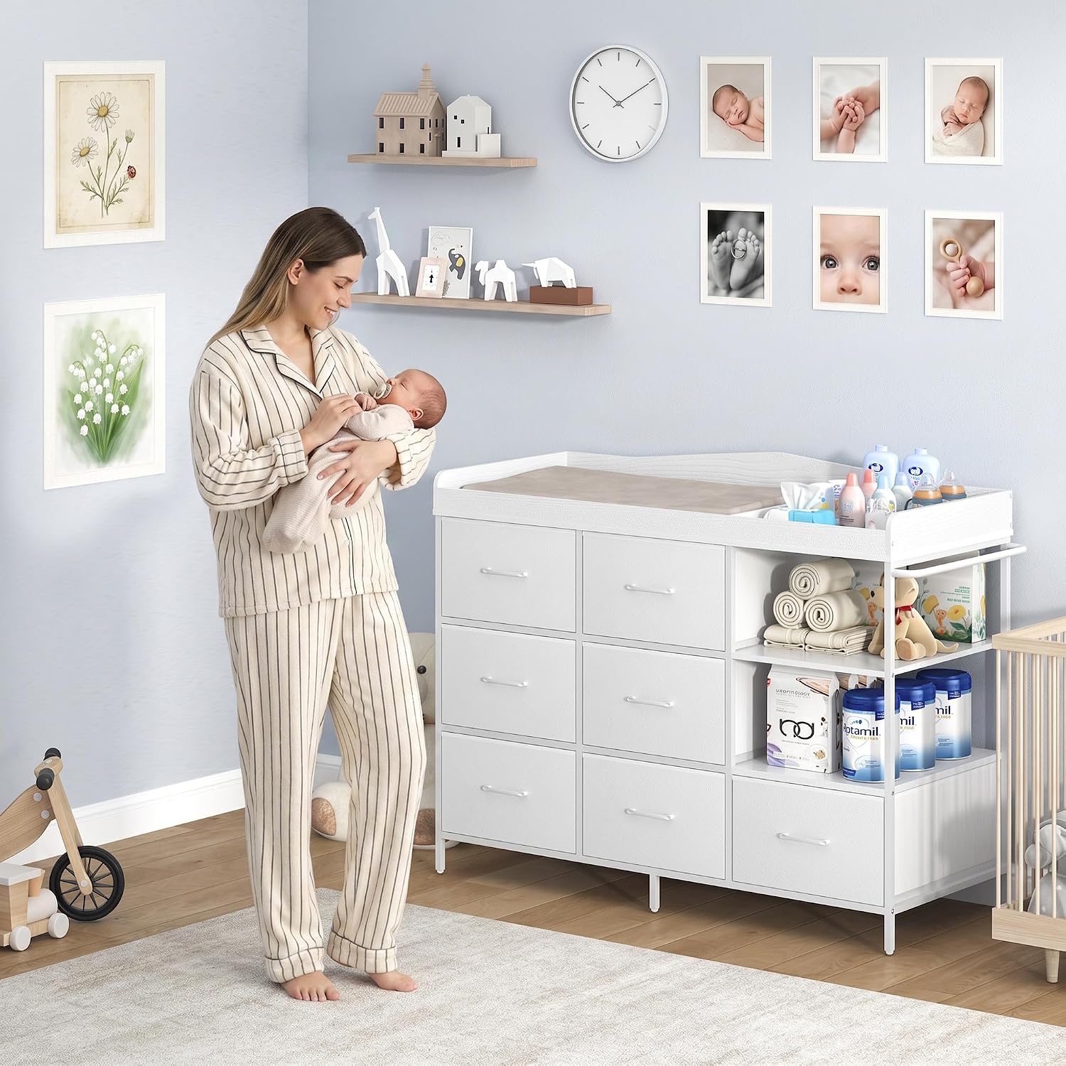St.Mandyu Baby Changing Table with 7 Fabric Drawers and 2 Shelves, Changing Table Dresser with Side Towel Holder, Baby Classic Nursery Dresser, Diaper Changing Station with Storage for New Parents