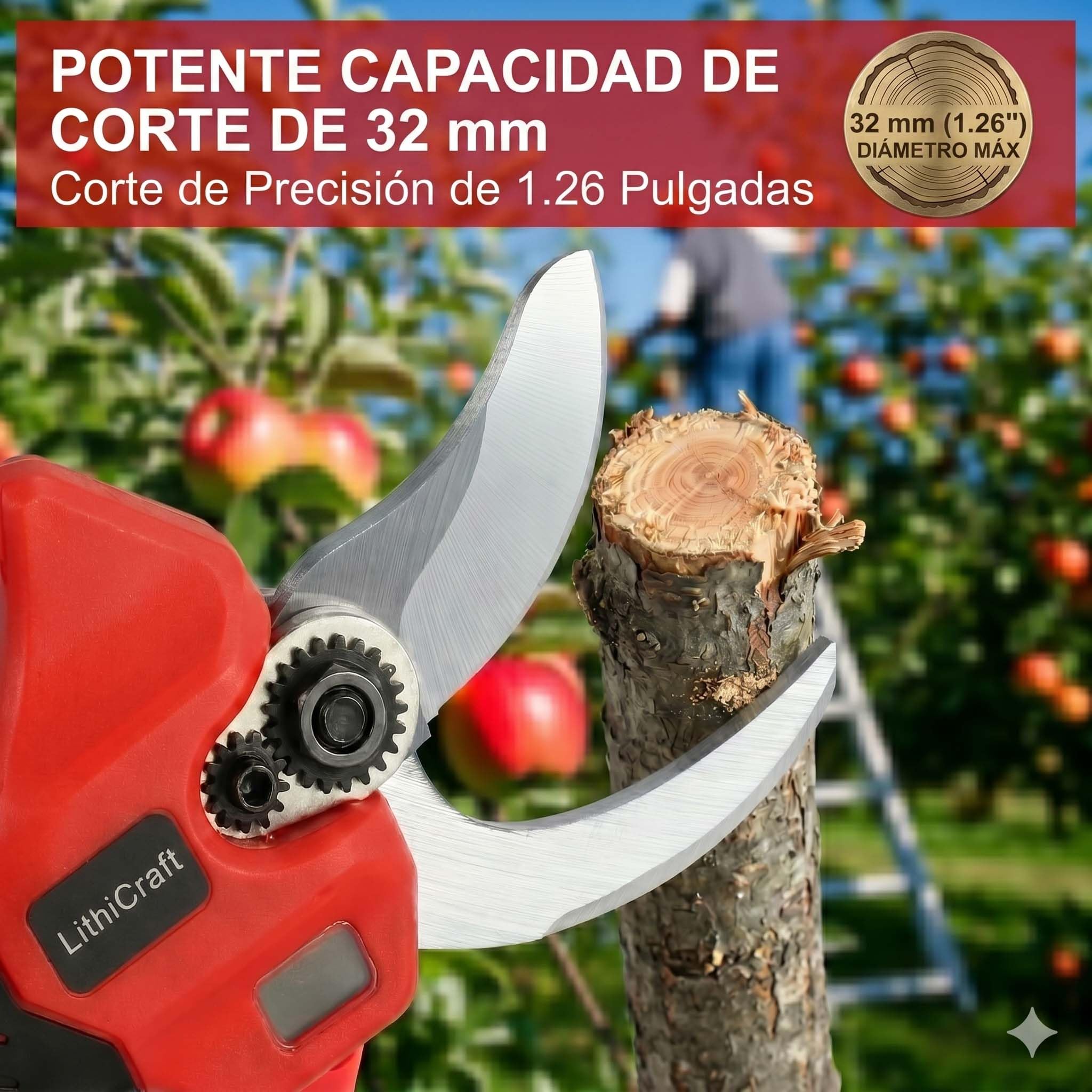 Tijeras de Podar Eléctricas, Tijeras de Podar con Batería 2 x 2,0 Ah, Diámetro de Corte 32 mm, Motor Sin Escobillas, Pantalla LED con Contador de Cortes, para Árboles Frutales, Viñedos y Rosales