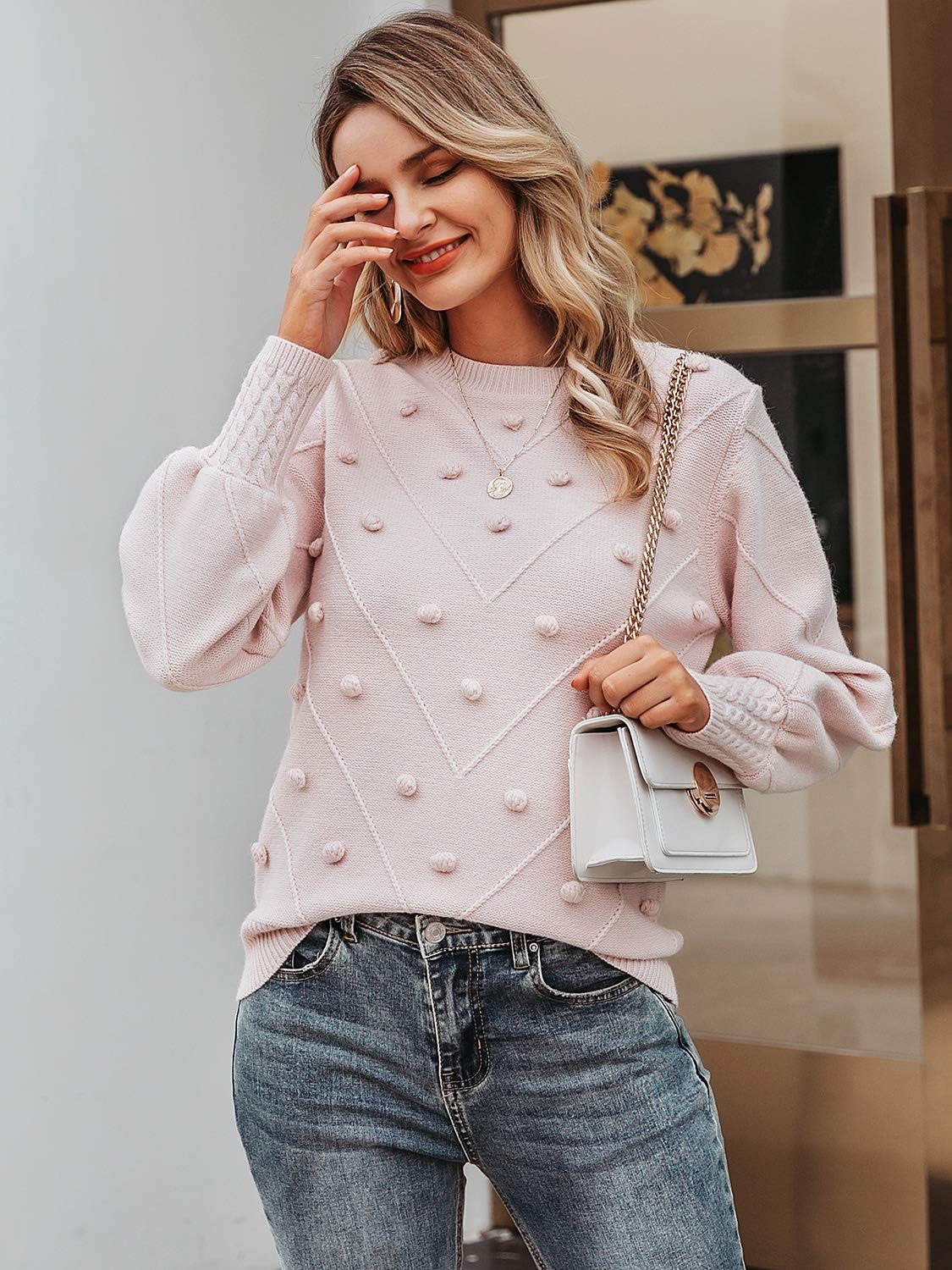 Miessial Women's Fall Crew Neck Pullover Sweater Cute Long Puff Sleeve Chunky Knit Sweater Pompom Jumper Top - Image 2