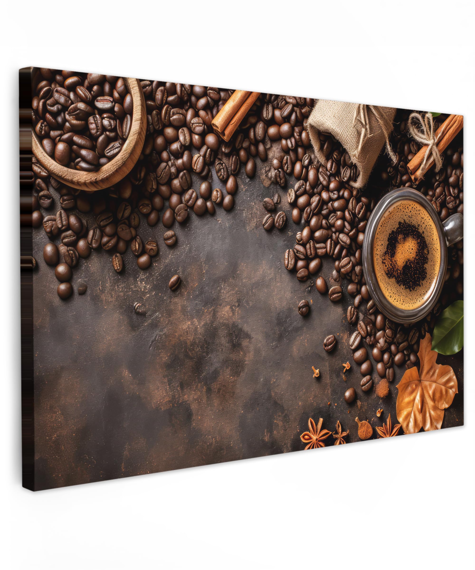 MuchoWow© Leinwand Bilder 60x40 cm Wanddeko Wohnzimmer Aesthetic Room Decor Deko Zimmer Wandbilder Modern Fotogeschenke Kaffee - Küche - Kaffeebohnen - Blätter