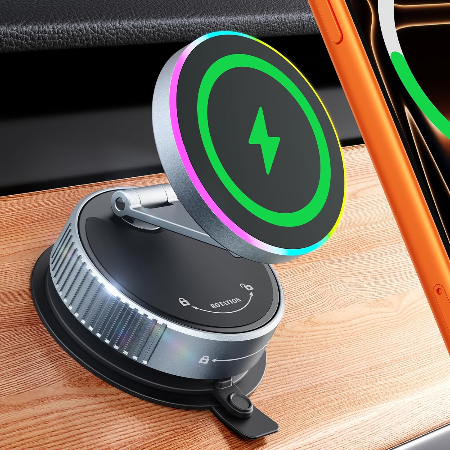 Meifigno for MagSafe Car Mount Charger, 15W Wireless Charger Stand with Vacuum Suction Cup, Magnetic Phone Holder for Car, for iPhone 17 Pro Max 16-12 & Android, 360°Adjustable & Foldable Phone Stand