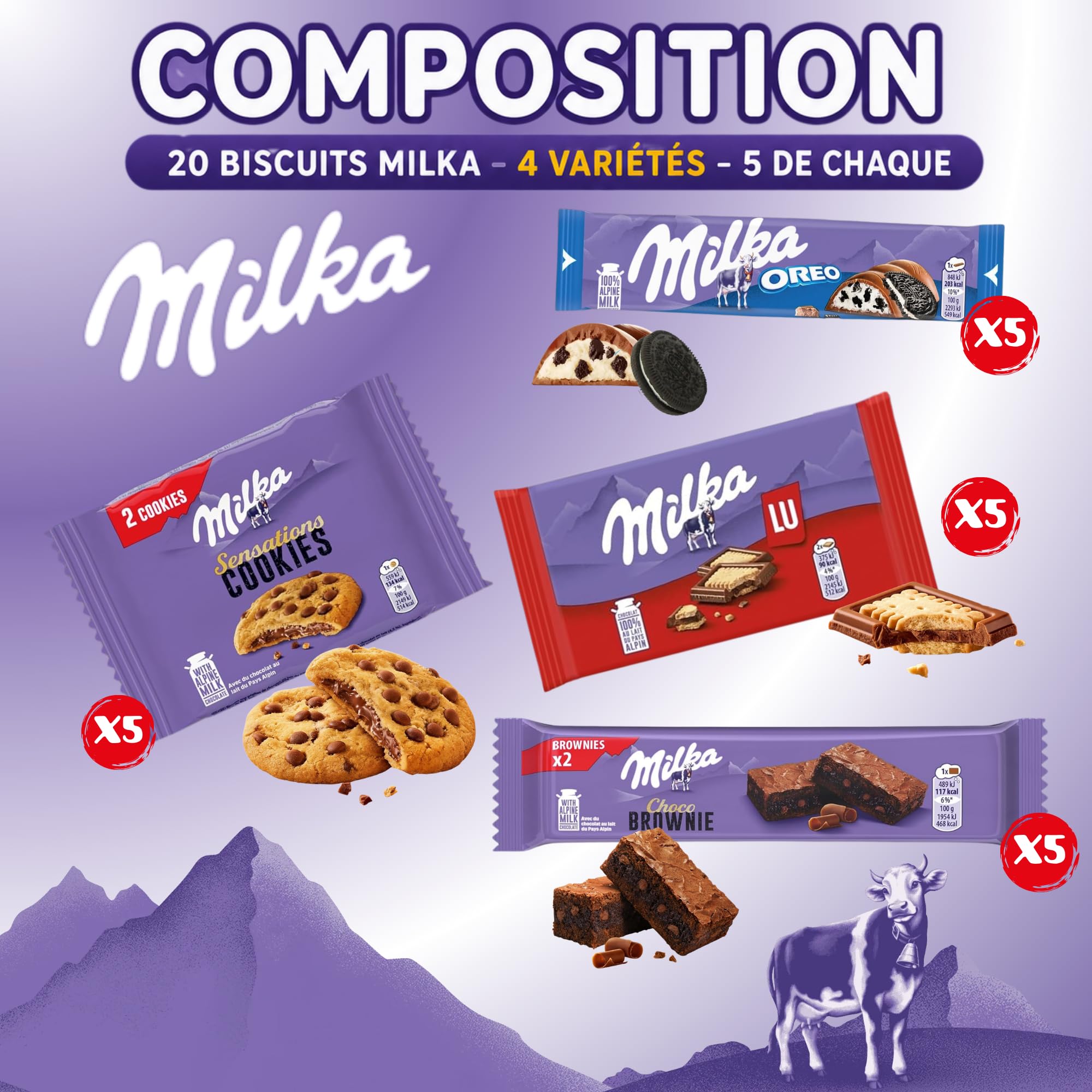 MILKA, OREO - 20 Barres Chocolat, Biscuits Individuels : Cookies, Brownie