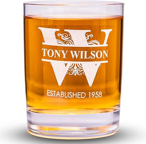 Miniatura 1 de Vaso de whisky personalizado  Vidrio de rocas grabado de 12 oz  Vasos de cristal personalizados antiguos  Regalo monograma para él