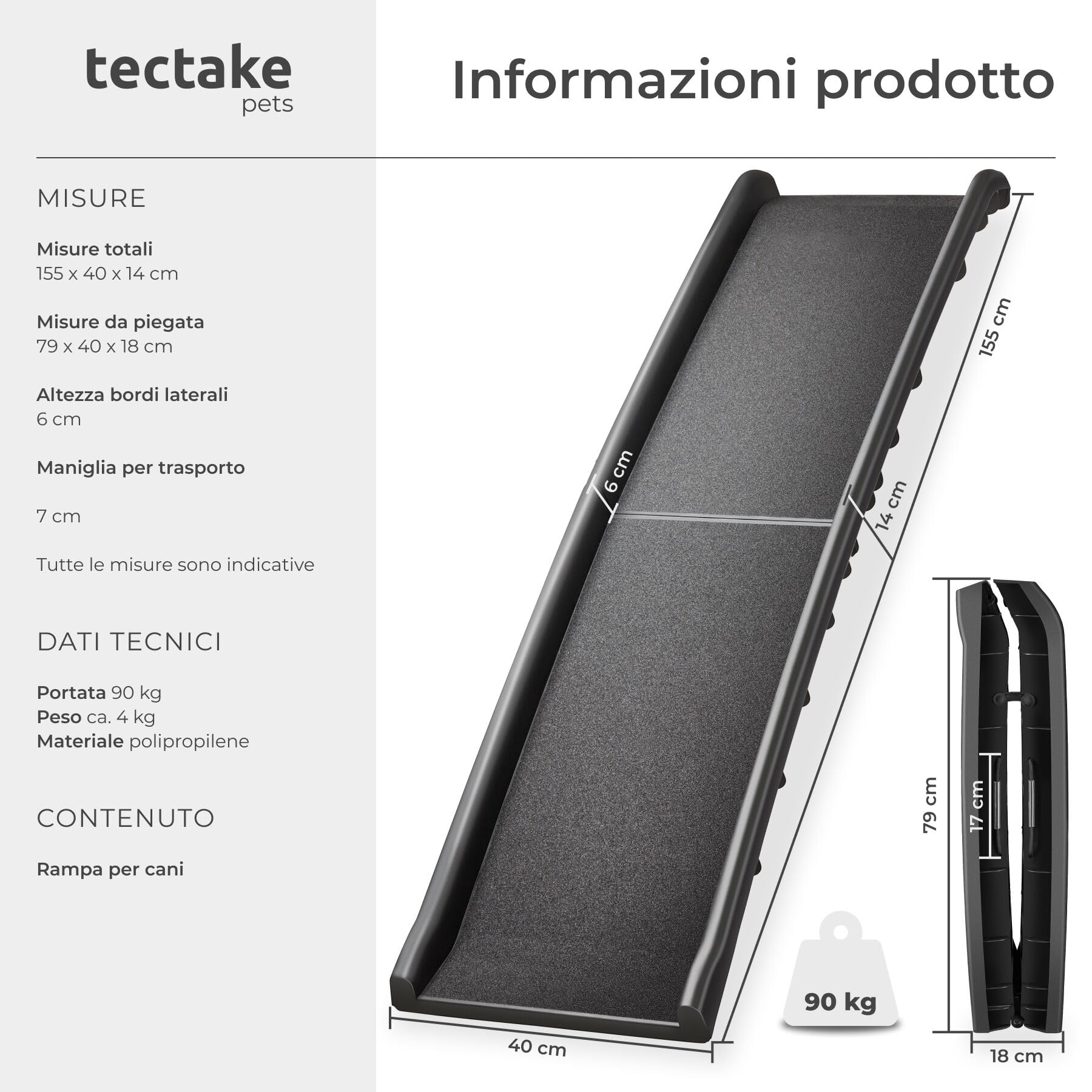 tectake® Rampa per Cani Paw Step, Richiudibile, Antiscivolo per Auto, Pieghevole con Maniglie Trasporto, Supporto fino a 90kg, Pedana per Cani, Rampe per Cani