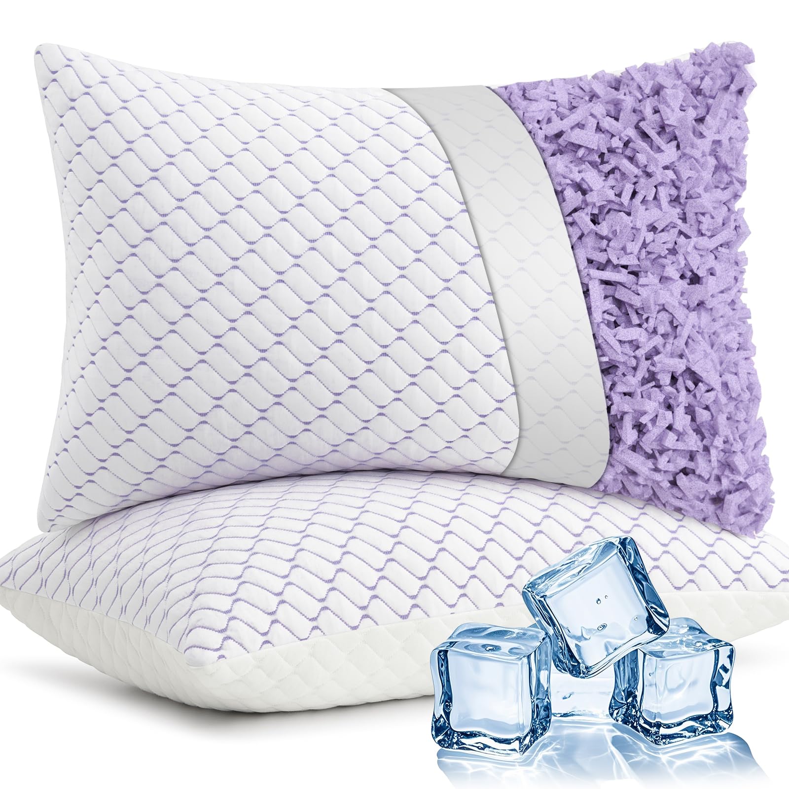 Shredded Memory Foam Pillows 2 Pack Adjustable Loft – Cooling & Soft Dual-Sided Cover, C...