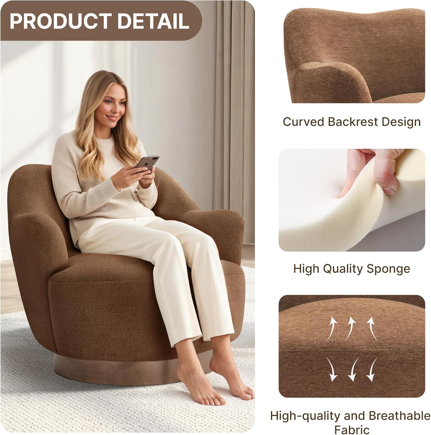 Swivel Accent Chair,Upholstered Barrel Chair with Curves Camel Back Design,Modern Arm Chair with Wooden Base for Living Room Bedroom Reading Waitingroom,Terracotta