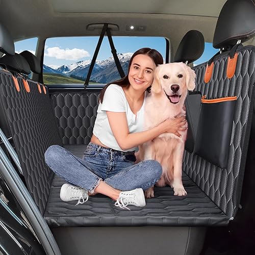 Back Seat Extender for Dogs-Supports 400lb,Waterproof Dog Car Seat Cover Hard Bottom-Detachable,600D Heavy Duty Scratch Proof Nonslip Soft,Dog Hammock for Car,SUVs