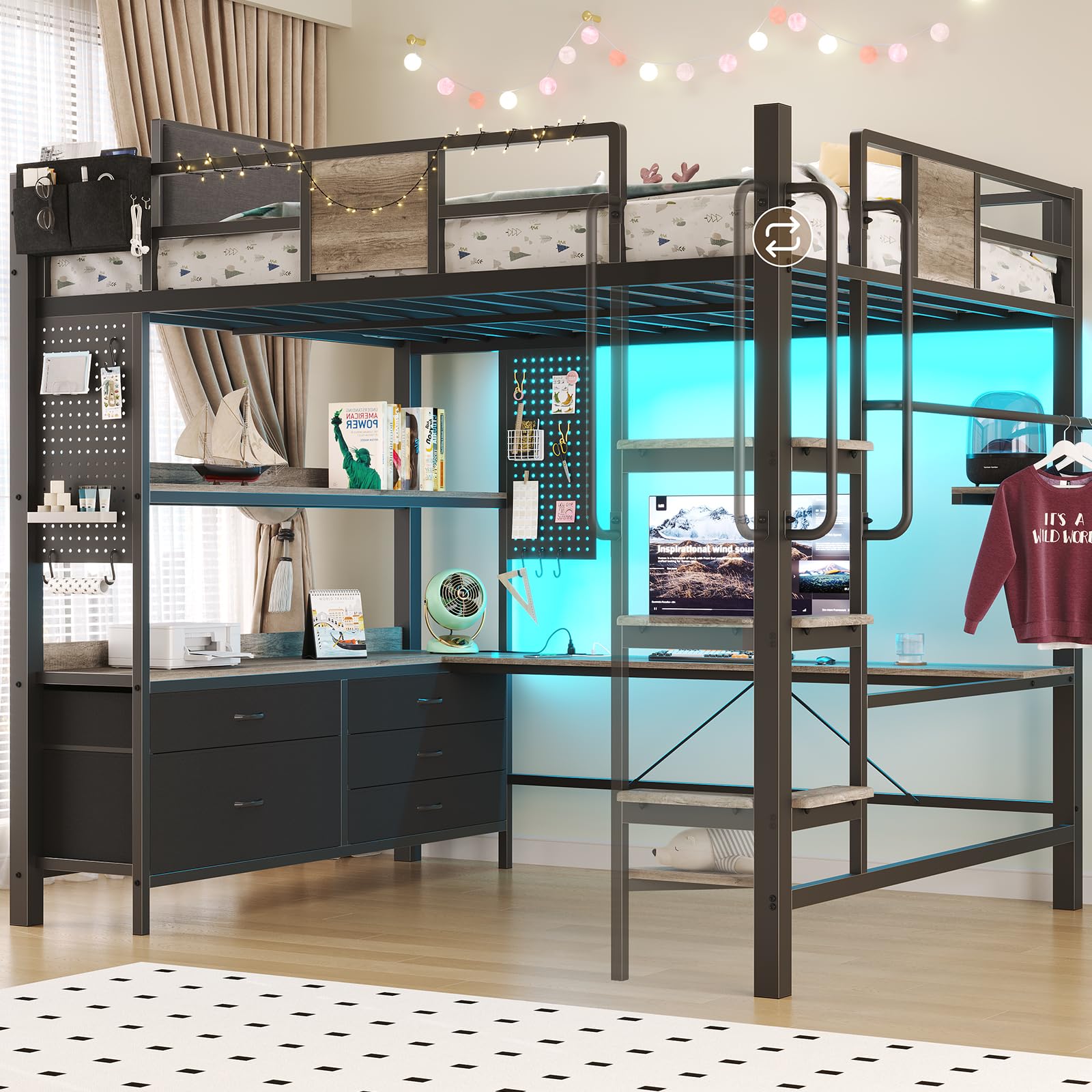 BYSAUD Full Size Loft Bed with Desk dimensions