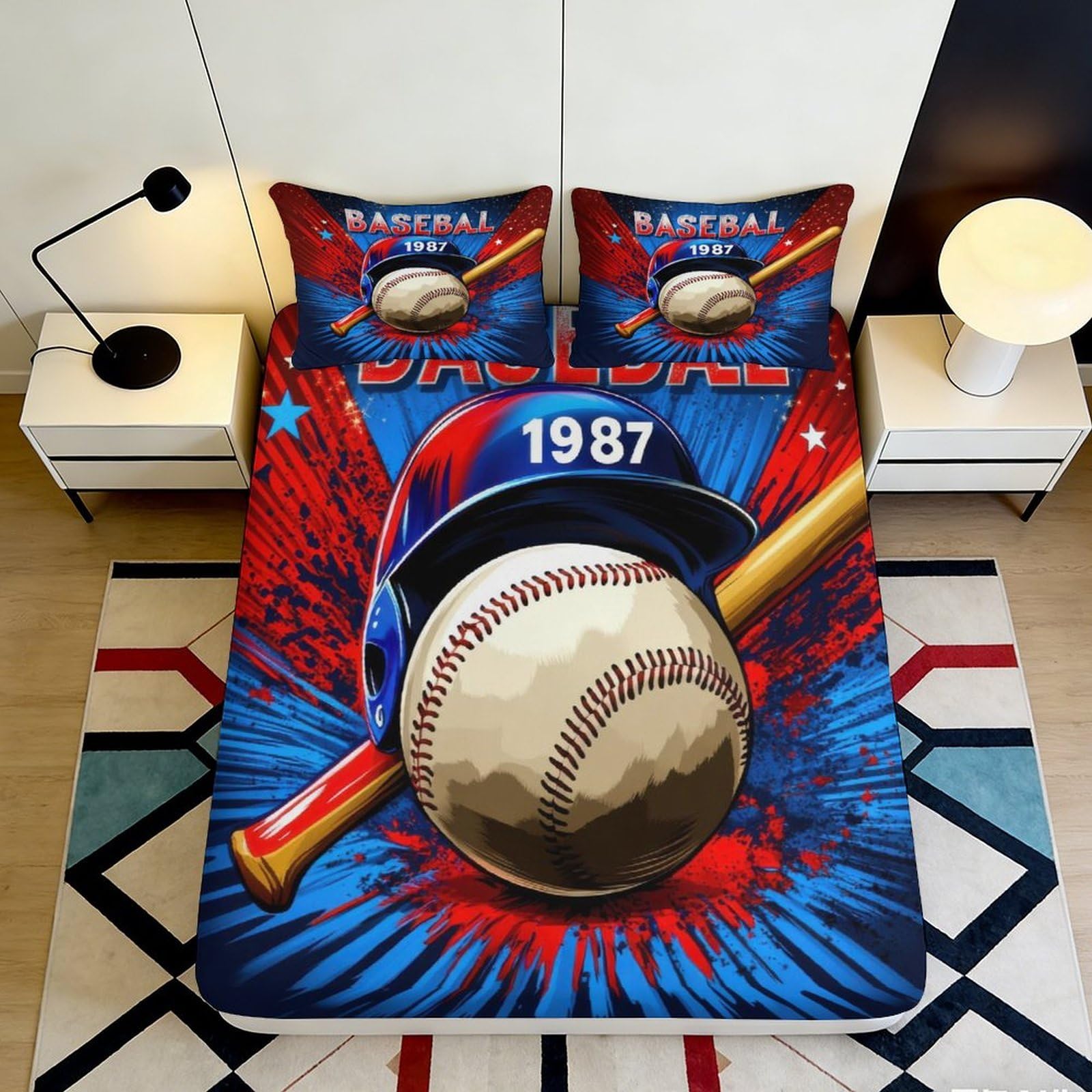 3D Printed Baseball Helmet Fitted Sheet Microfiber Blue Red 1987 Bat Bed Cover for Bedroom Dorm Mattress Protection Decor 200x200x25cm