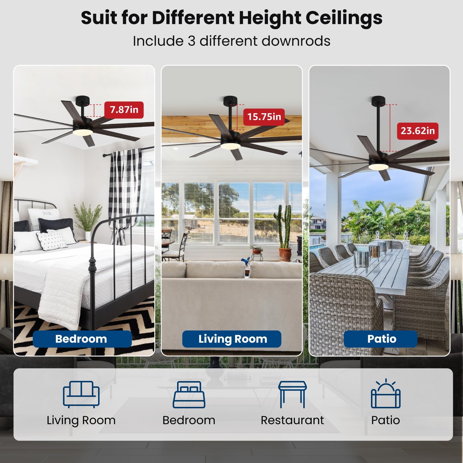 72 Inch Ceiling Fans with Lights Remote Control Dual-Color 8 Blades 24W 3CCT 6-Speed Reversible Quiet DC Motor — view 3