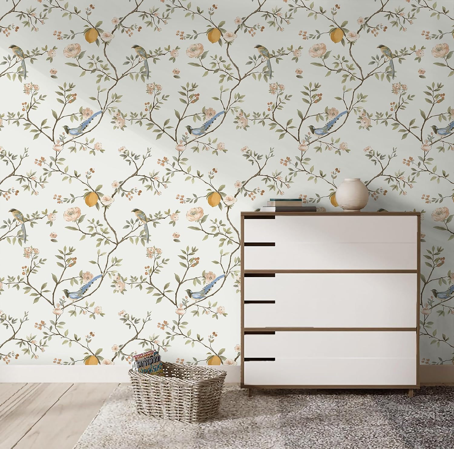 Peel and Stick Wallpaper Floral Birds Wall Paper 17.3"×393" Contact Paper Modern Decorative Self Adhesive Removable Wallpaper for Bedroom and Bathroom