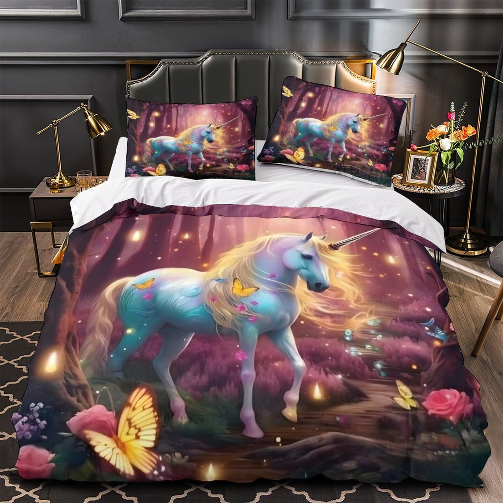 Housse de couette licorne hypoallergénique 200x200 anti-acarien lit enfant 3D