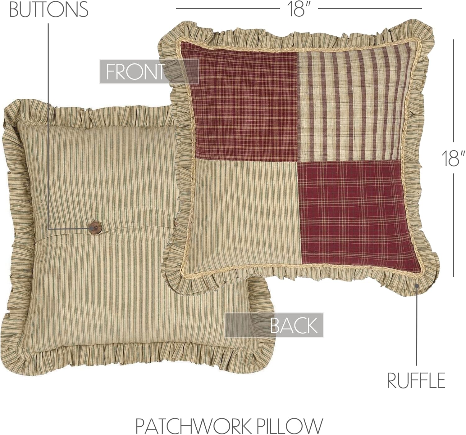 VHC Brands Farmhouse Brick Red Patchwork Cotton Prairie Winds Bedding Patchwork Rope Square Pillow (Pillow Cover, Pillow Insert)