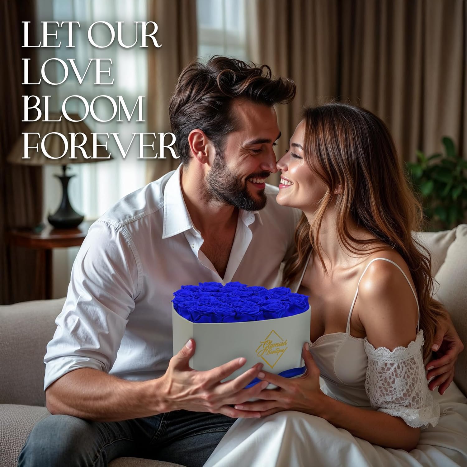 GLAMOUR BOUTIQUE Preserved Roses in a Box - Gifts for Her, Wife & Mom, Rose Flowers Forever Decor for Birthday Gift, Get Well Flower Bouquet Cased in White Box with Cover, Blue, 27 (Color-Treated) - Image 3
