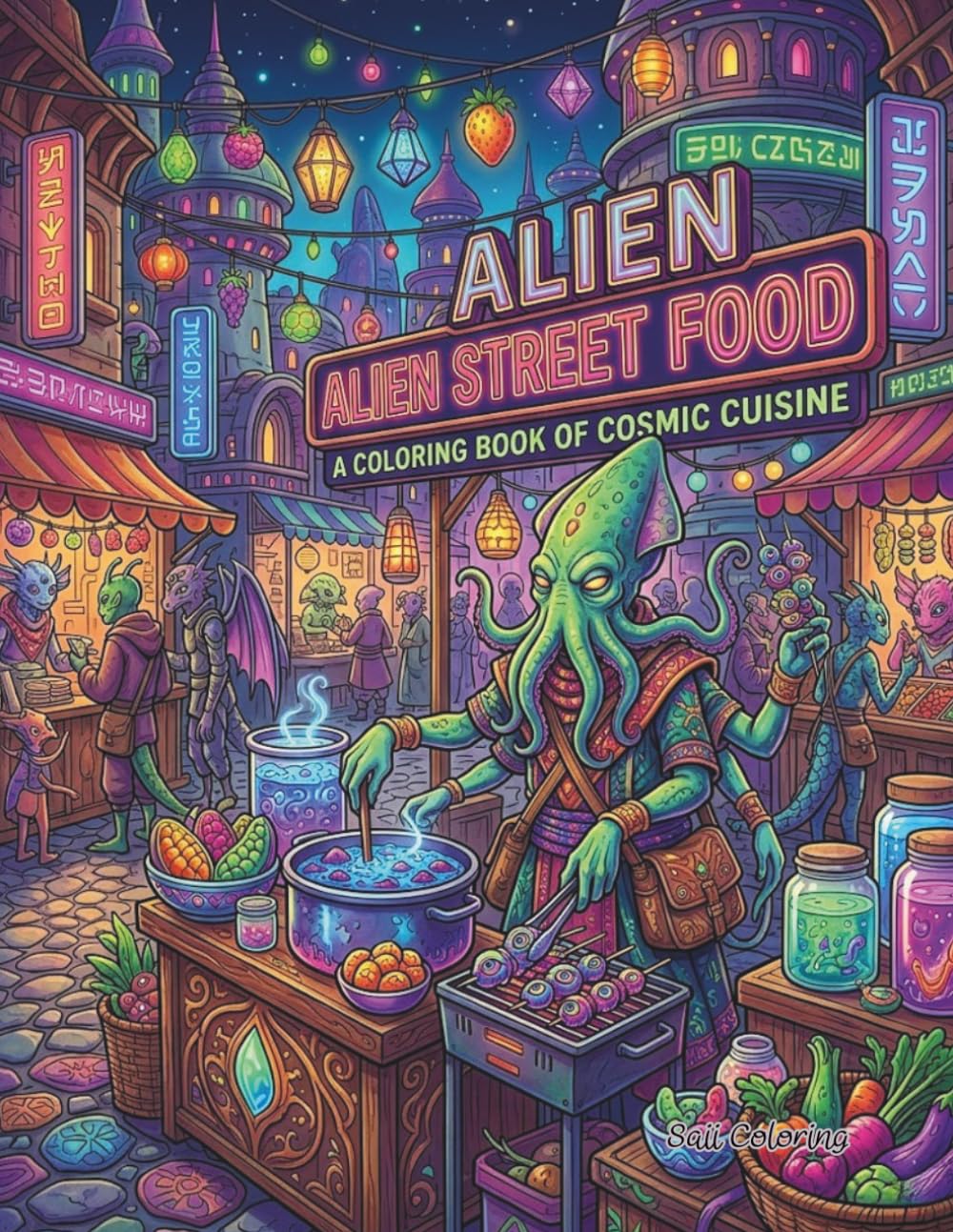 Alien Street Food Coloring Book: A Cosmic Journey of Galactic Cuisine, Sci-Fi Night Markets, and Exotic Interstellar Snacks for Adults and Teens