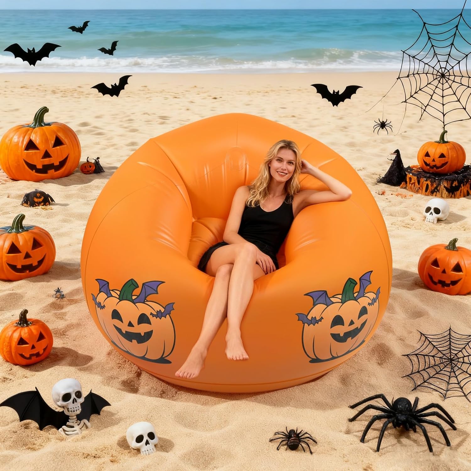 inflatable bean bag chair sofa for kids with pumpkin pattern glow in the dark, blow up air lounge chairs furniture couch for camping movie night halloween decoration clearance pumpkin -glow in the dark