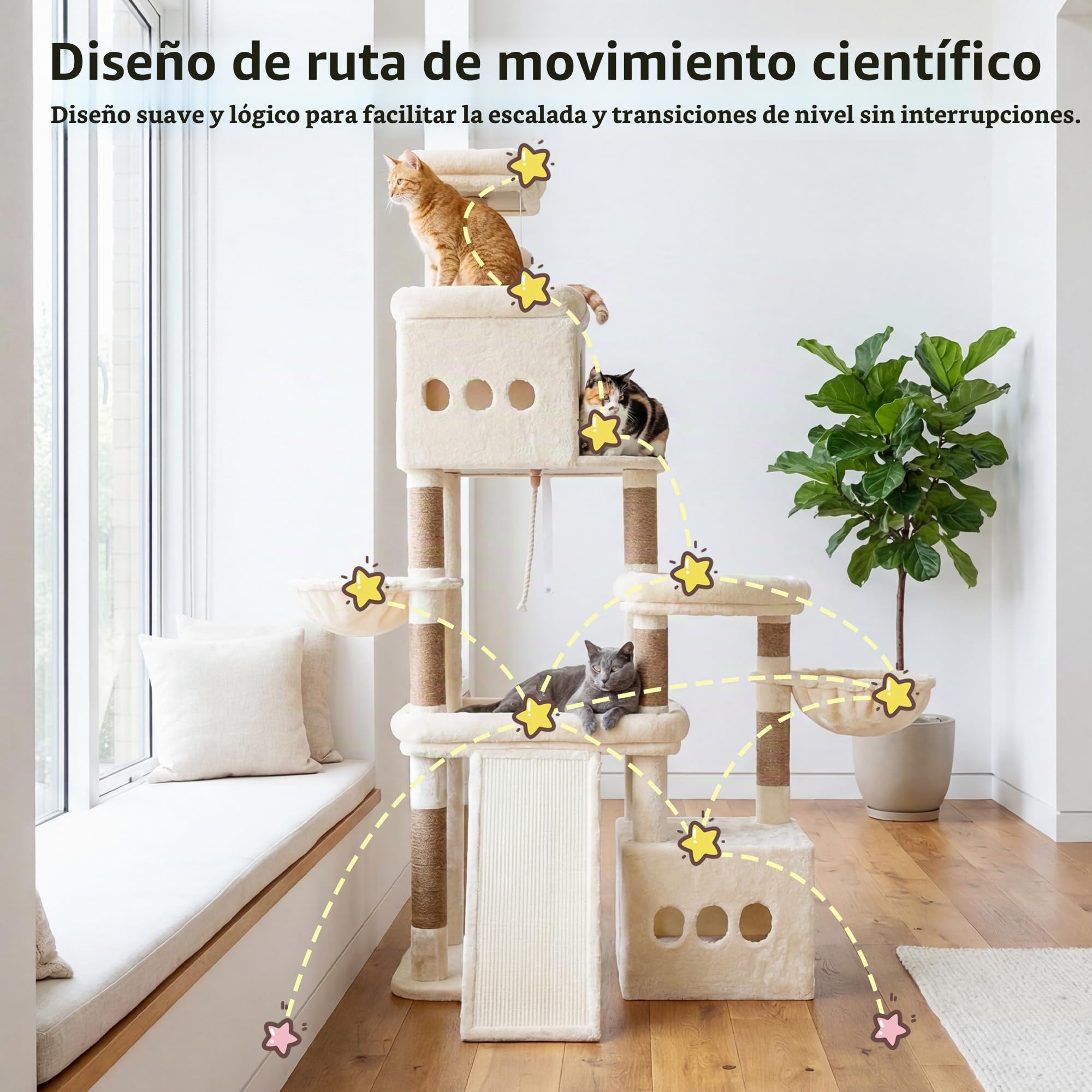 Heybly Rascador para Gatos, 184cm Árbol Rascador Grande con 3 Amplias Plataformas, 2 Cuevas, 2 Cestas Y Una Almohadilla Rascadora De Sisal Extragrande, Una Torre De Juego Estable, Beige HCT060MJ
