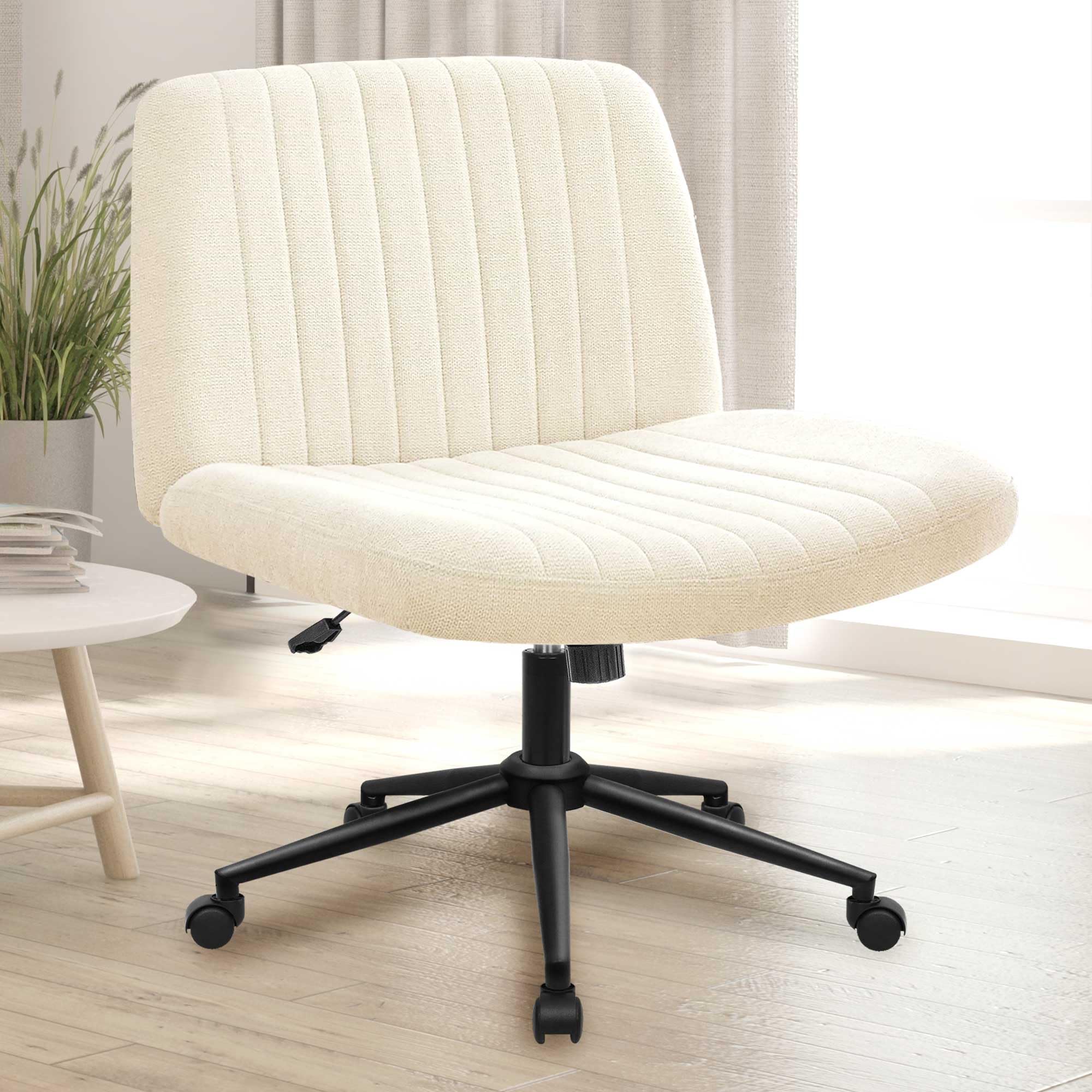NEO CHAIR Criss Cross Chair with Wheels Armless Cross Legged Office Desk Wide Comfy Vanity Makeup Chair Adjustable Swivel Rolling Computer for Home Office Fabric (Beige)The Forest Stewardship Council