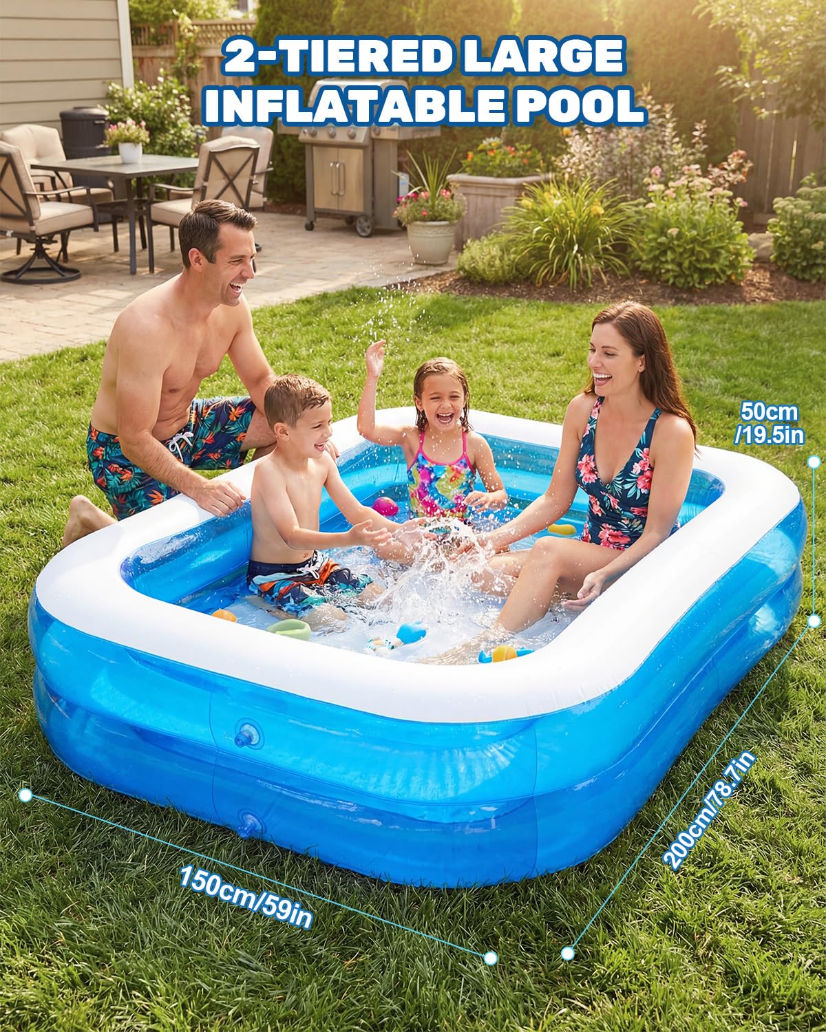 Piscine familiale gonflable pour enfants et adultes, pataugeoire en PVC épais avec drainage rapide, piscine de jardin résistante aux fuites pour intérieur et extérieur, 200 x 150 x 50 cm