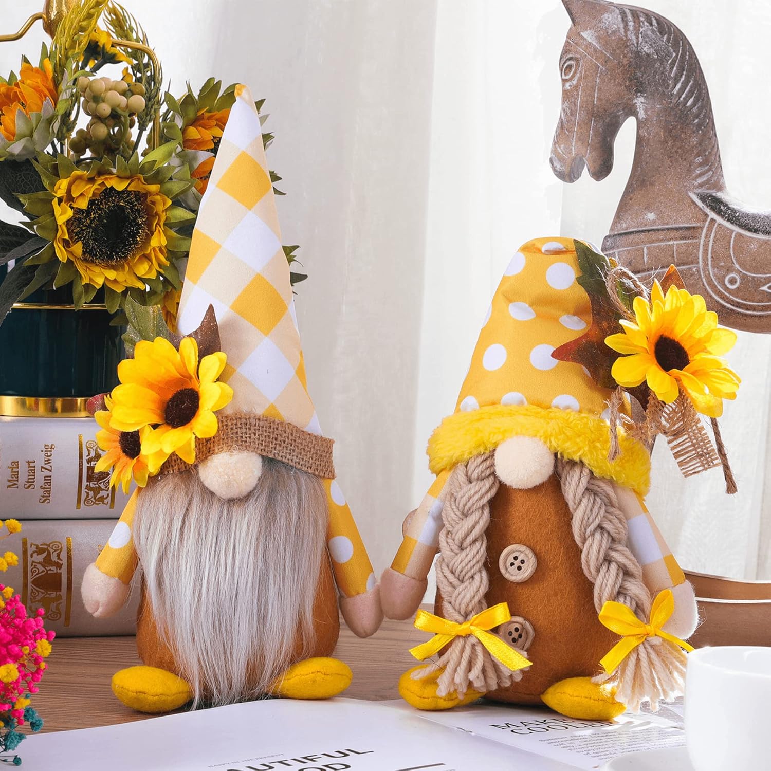 2PCS Sunflower Gnomes Plush Decorations, Summer Gnomes, Spring Gnomes, Scandinavia Honey Buffalo Plaid Sunflower Gnome Plush for Tiered Tray Kitchen Decor, Farmhouse Swedish Nisse Tomte Home Oranment - Image 2
