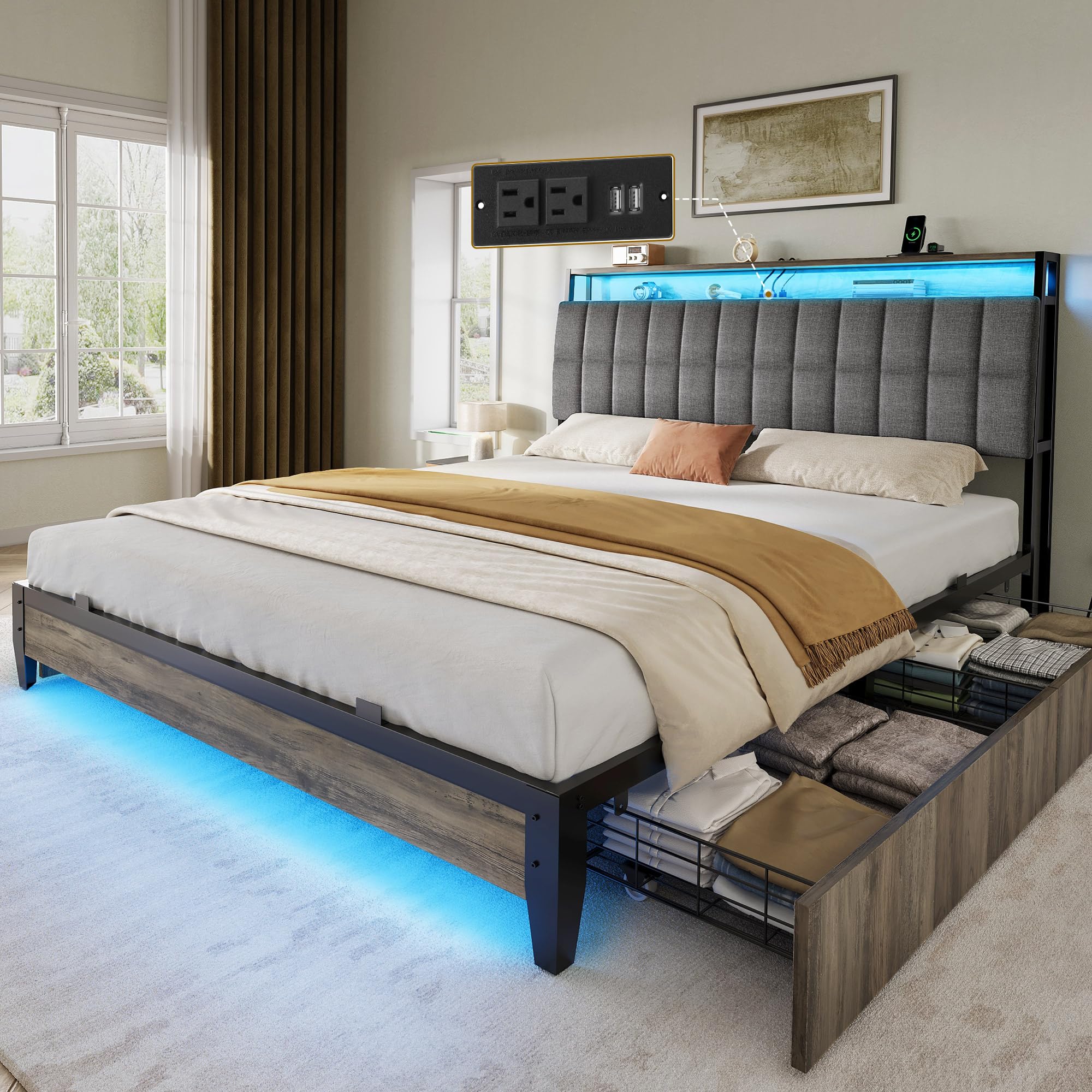 Photo 1 of ***STOCK PHOTO FOR REFERENCE ONLY, PARTIAL SET, BOX 2 OF 2 ONLY*** YITAHOME Full Bed Frame with RGB LED Lights and 4 Drawers
