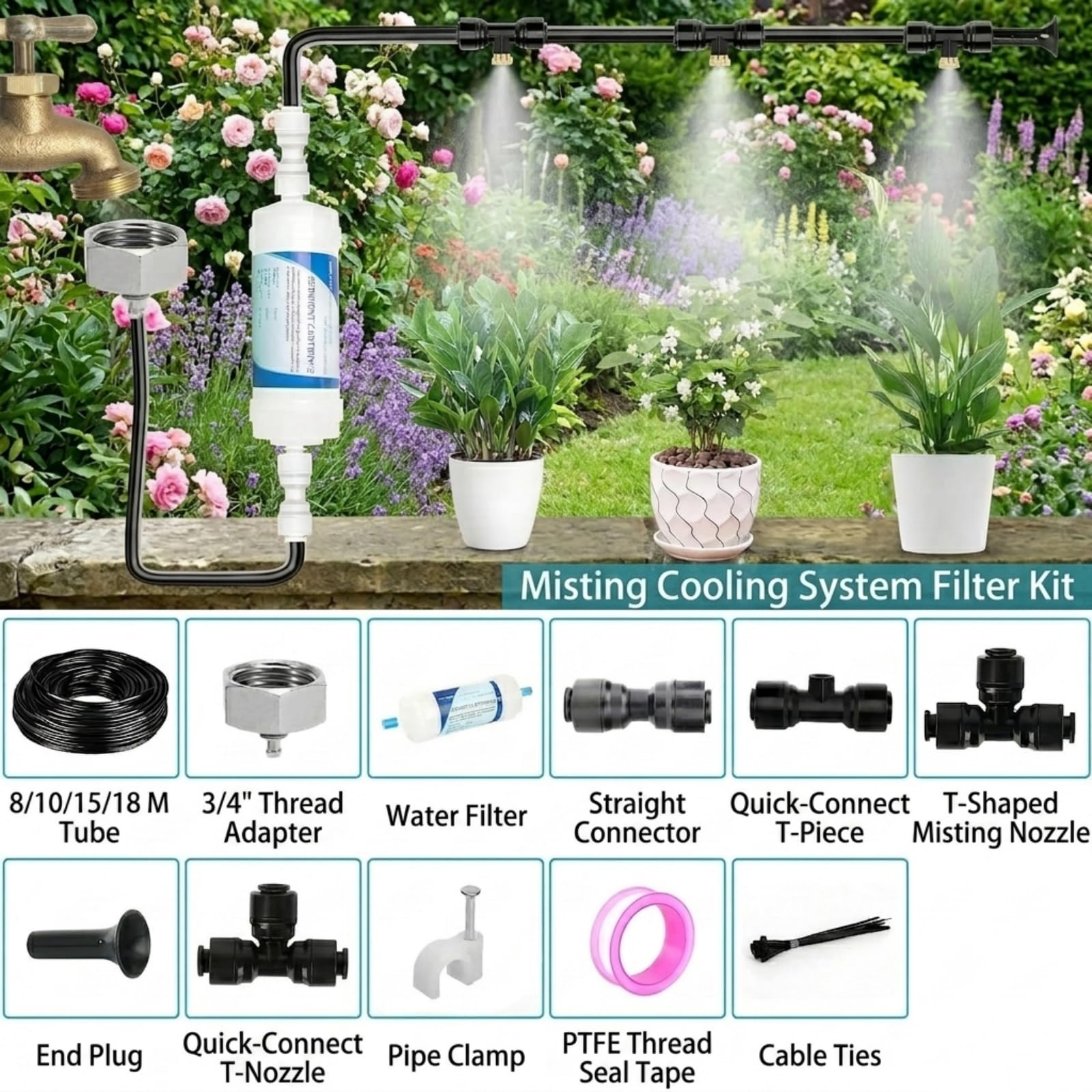 Brumisateur Terrasse Extérieur, Système de Brumisation Extérieur avec Filtre à Eau, pour Patio Jardin Serre (18m)