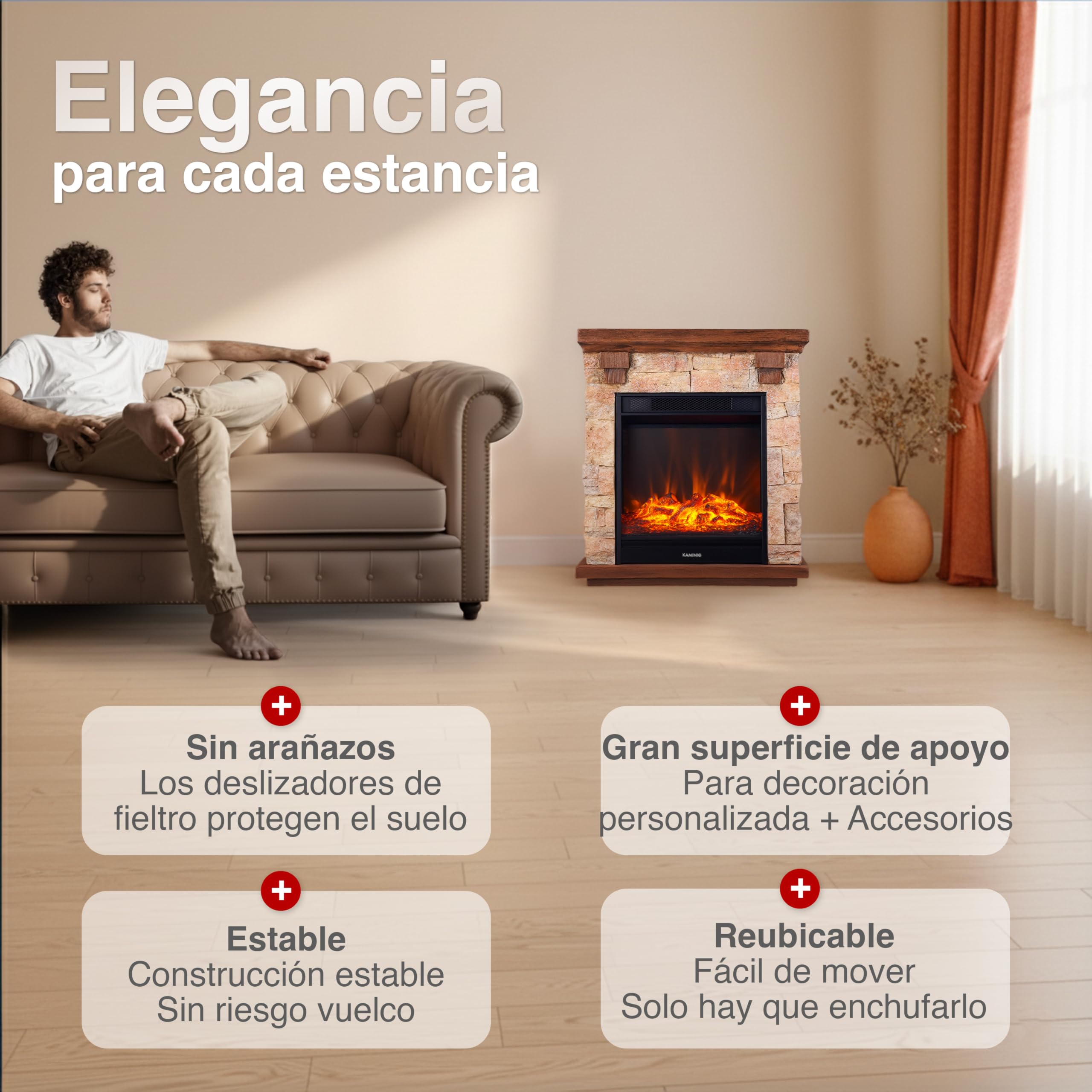 KAMINIO Chimenea eléctrica Juan - Chimenea eléctrica de pie con Aspecto de Piedra, función de calefacción, Efecto de Llama 3D y Mando a Distancia (Beige)