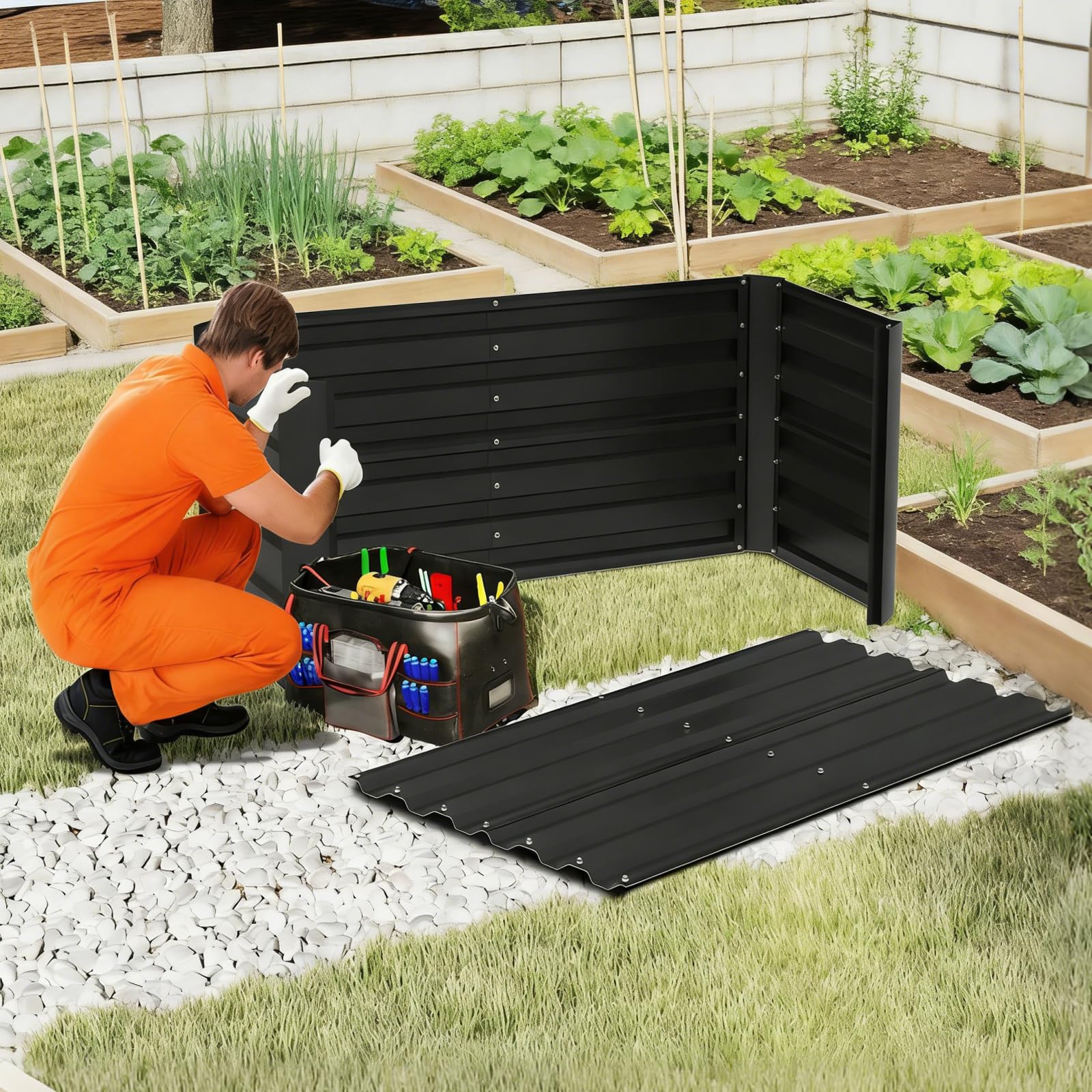 Potager Surélevé Métal 300x120x58cm, Lit de Jardin Fond Ouvert, Potager Surélevé Acier Galvanisé, Jardinière Extérieur Jardin Antirouille pour Culture Légumes Fleurs Herbes Aromatiques, Noir