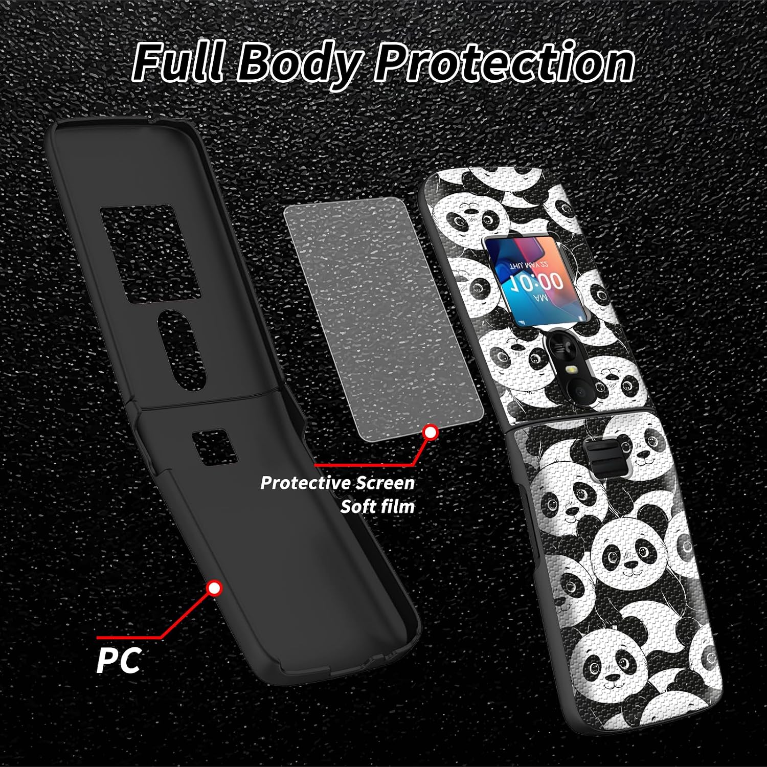 for TCL Flip 4 Phone Case with Tempered Glass Screen Protector,Dual Layer Hybrid PC Textured Back & Soft TPU Bumper Shockproof Cover for T440 (2025)-Pandas image 3