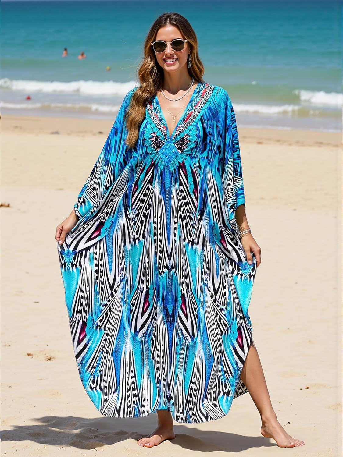 Kaftan Dresses for Women Plus Size Caftan Swimsuit Cover Up, Boho Beach Dress with Batwing Sleeves - Image 2