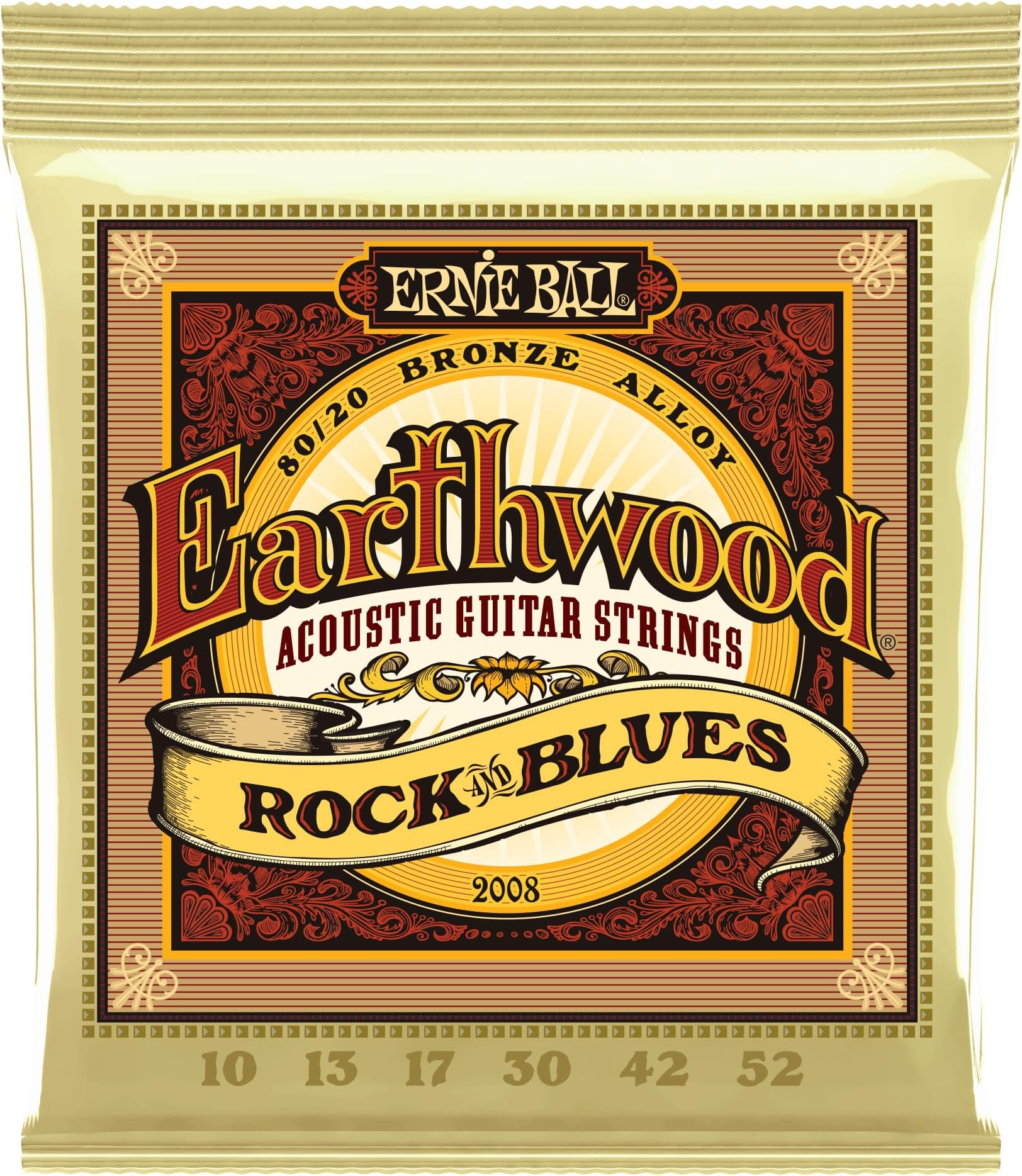 Ernie Ball Earthwood Rock & Blues 80/20 Bronze Acoustic Guitar Strings, 10-52 Gauge (P02008)