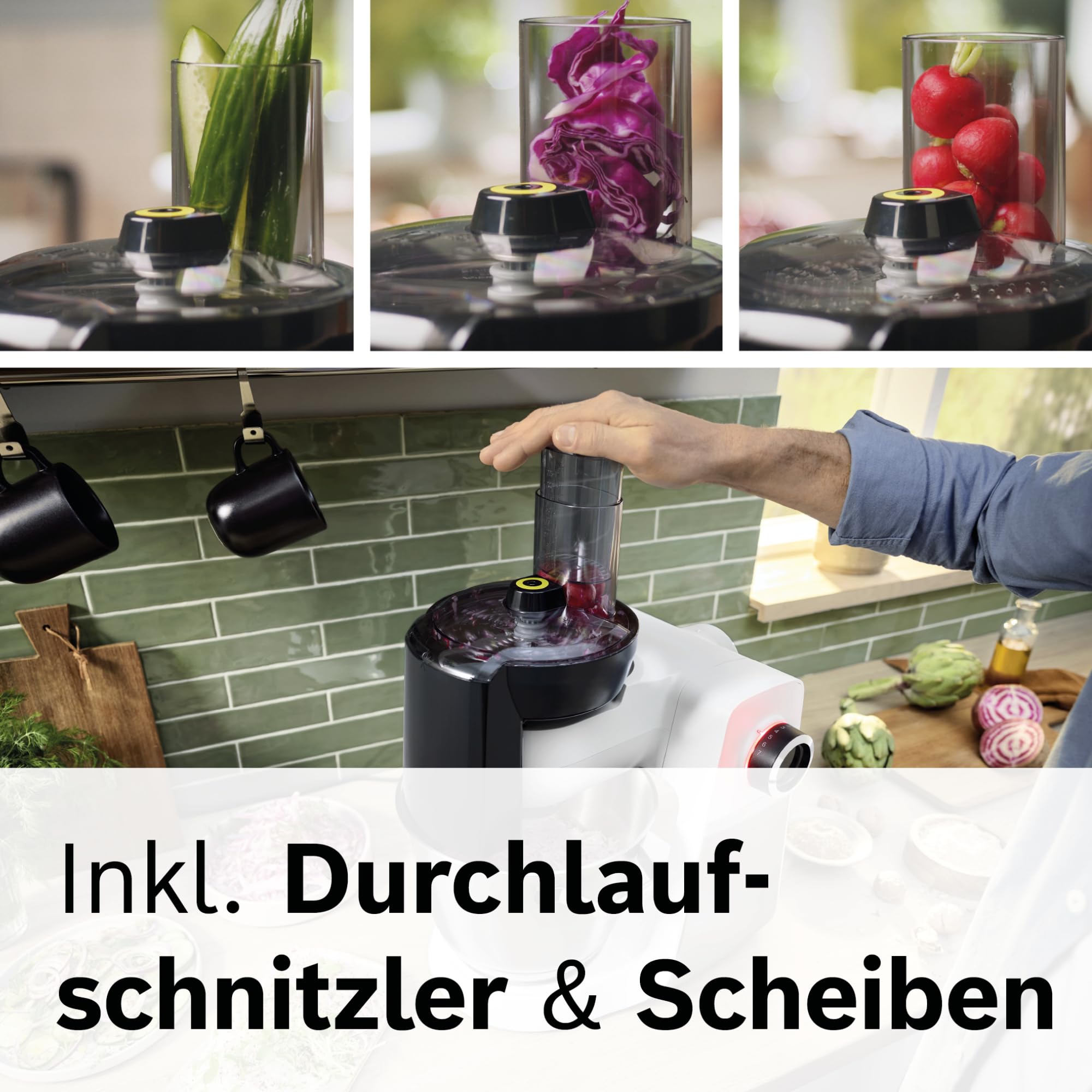 Bosch Küchenmaschine Serie 6, 7 Geschwindigkeitsstufen, 5,5l Schüssel, Durchlaufschnitzler, 3 Scheiben, Knethaken, Rührbesen, Silikonbesen, spülmaschinenfest, 1.600 W, silber/weiß, MUMS6EW13D