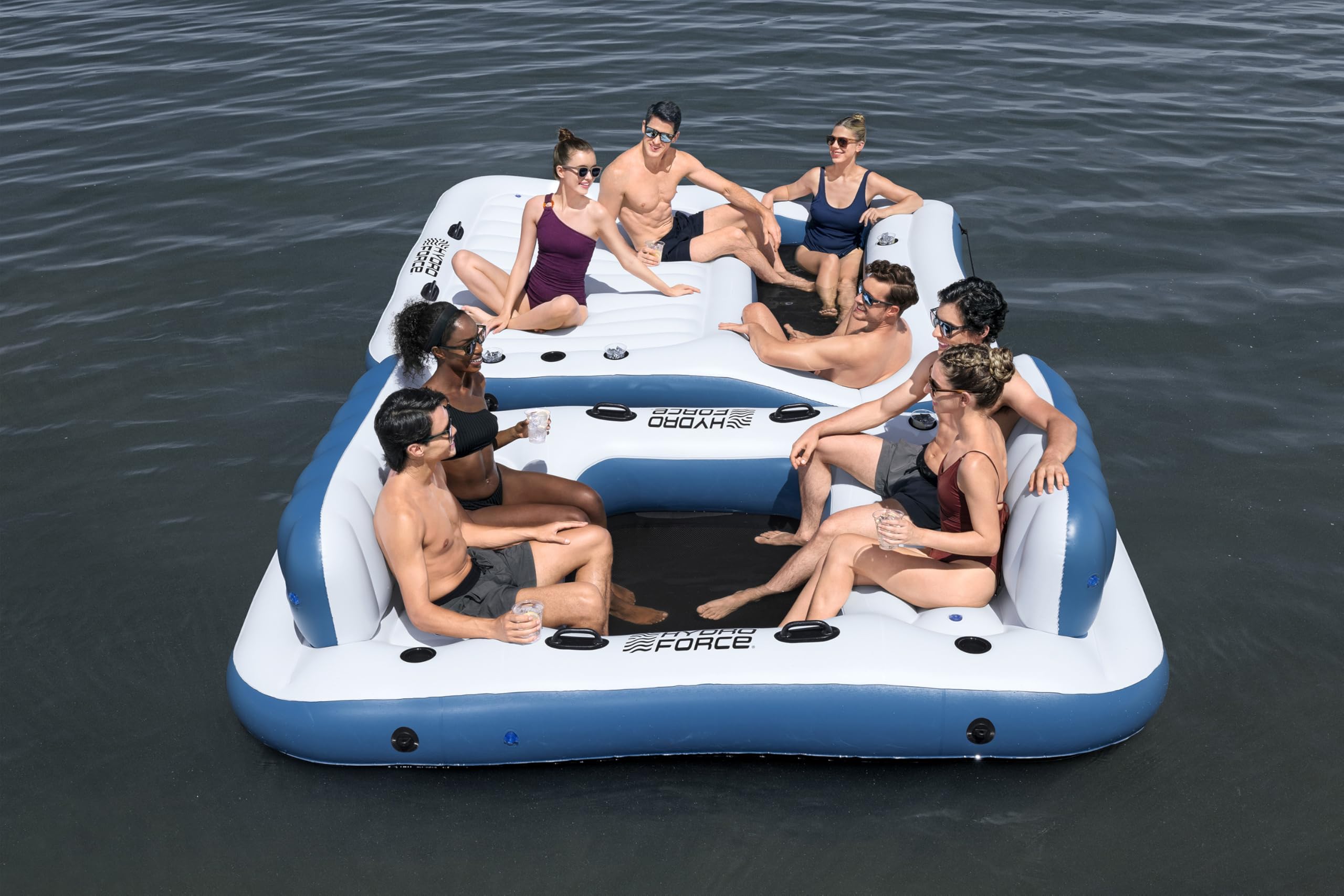 Bestway Aufblasbare Badeinsel Pool Party 269 x 182 x 67 cm – XXL Schwimminsel für 8 Personen, 400 kg Tragkraft, 8 Getränkehalter, Rückenlehnen, Inflata-Shield Material, Clasp 'N Go verbindbar