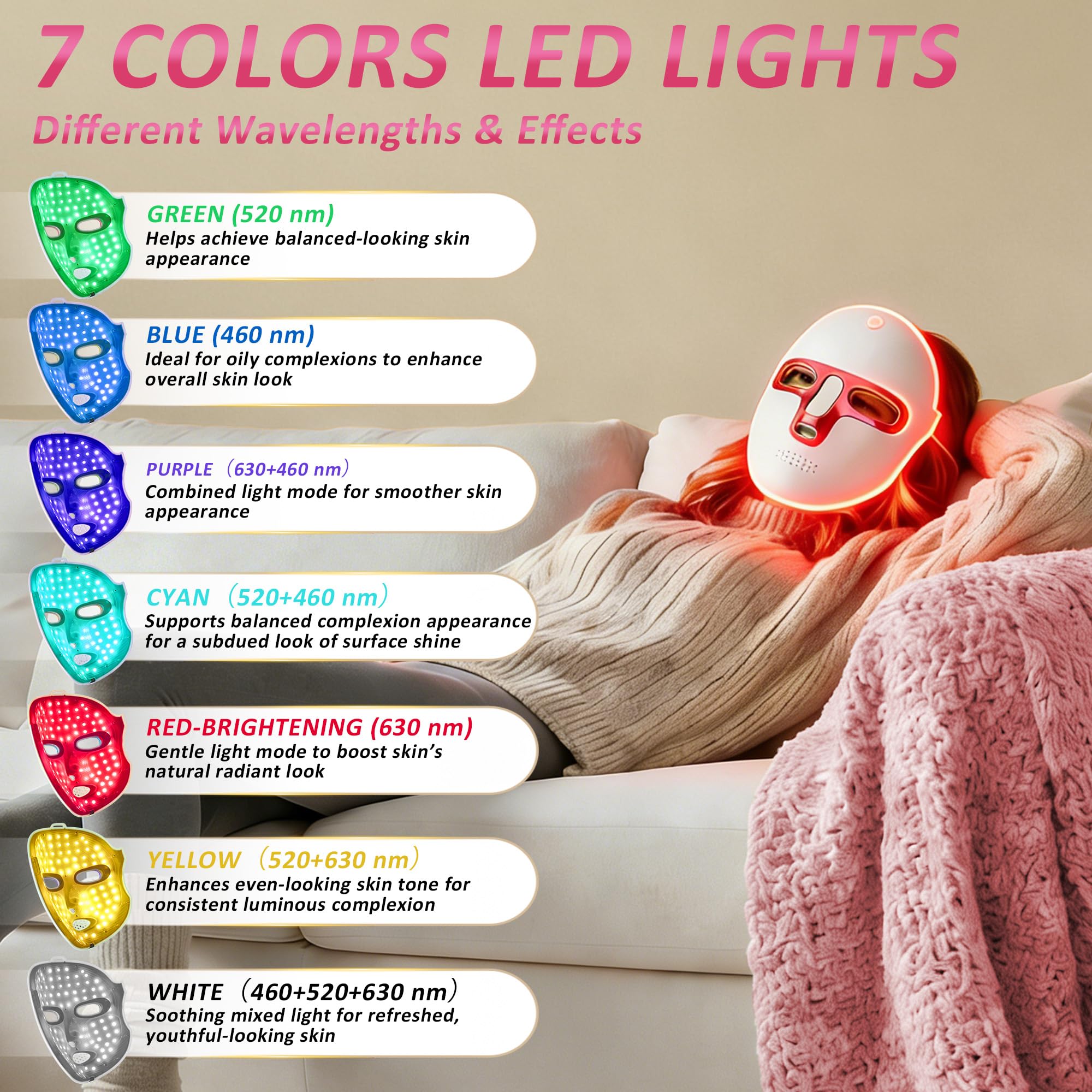 7 Colors Red Light Therapy for Face, LED Facial Mask, Rechargeable
