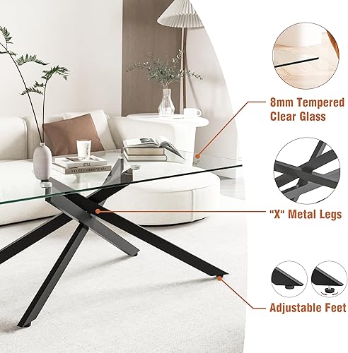 Miniatura 4 de HomVent Mesa auxiliar rectangular de vidrio templado transparente de 47.2 pulgadas, diseño elegante con patas de metal negro, mesa de centro para