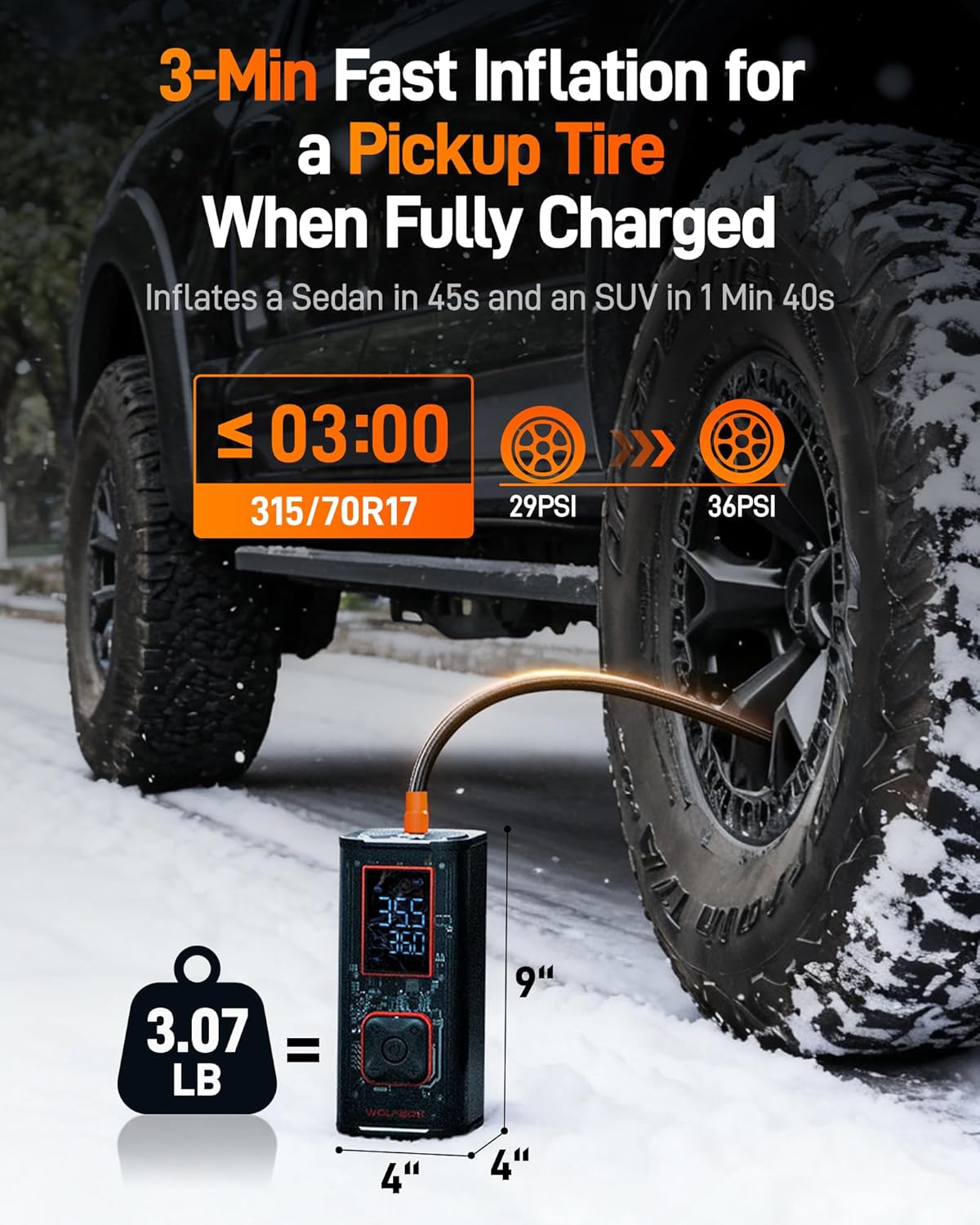 WOLFBOX 150PSI Heavy Duty Tire Inflator Portable Air Compressor,Double- cylinder 45LPM Fast Air Pump for Car Tires,3.5'' LED Display,20'' Hose,Air Compressor for Car,Pickup Truck,Bike - Image 2