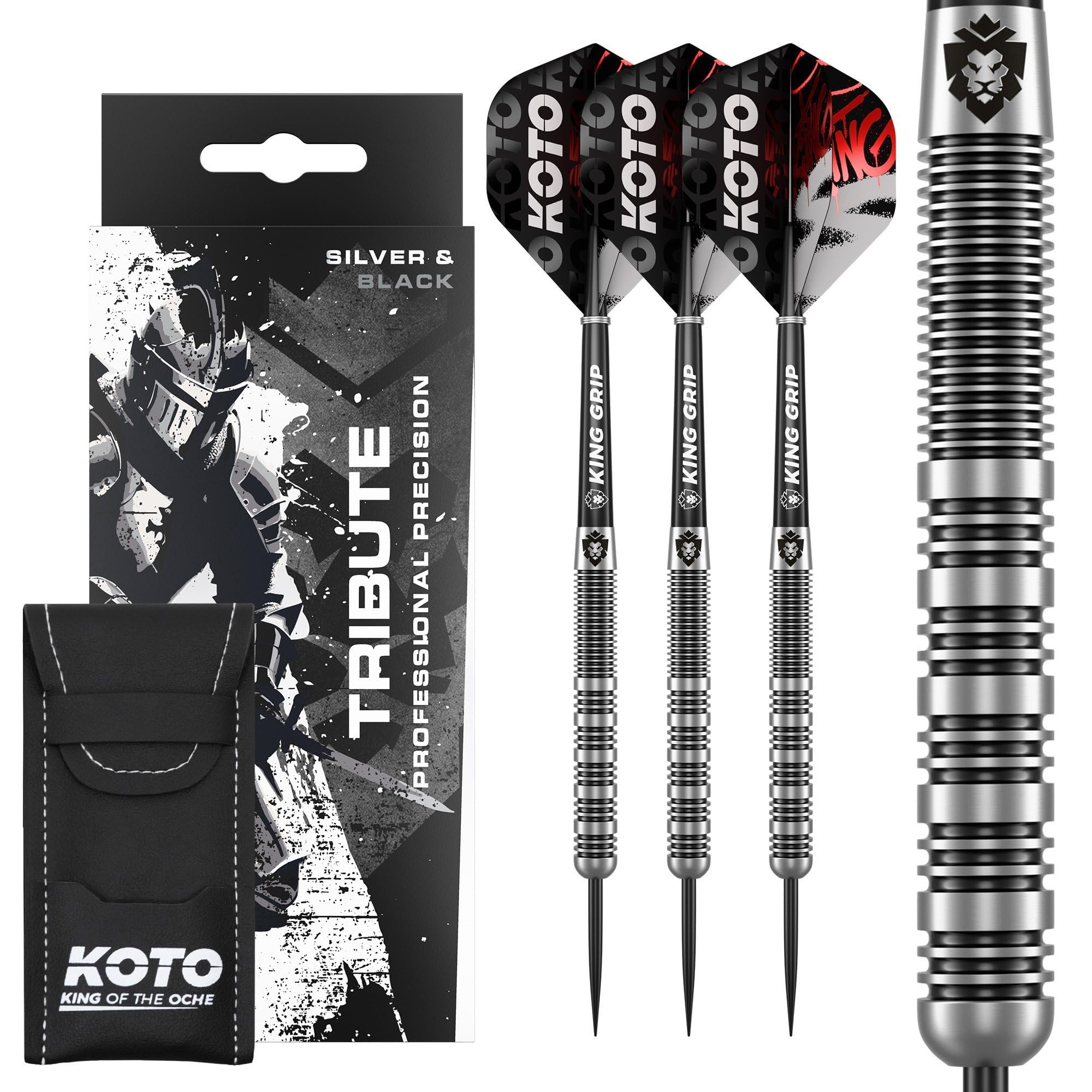 KOTO Lot de 3 fléchettes avec barils, ailettes, tiges, porte-fléchettes, grip fixe Argenté et noir