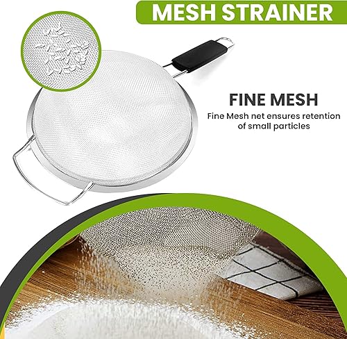 Miniatura 6 de Kafoor Colador grande de malla fina de 8 pulgadas con mango de goma termoplástica - Tamiz de malla fina de acero inoxidable - Ideal para colar