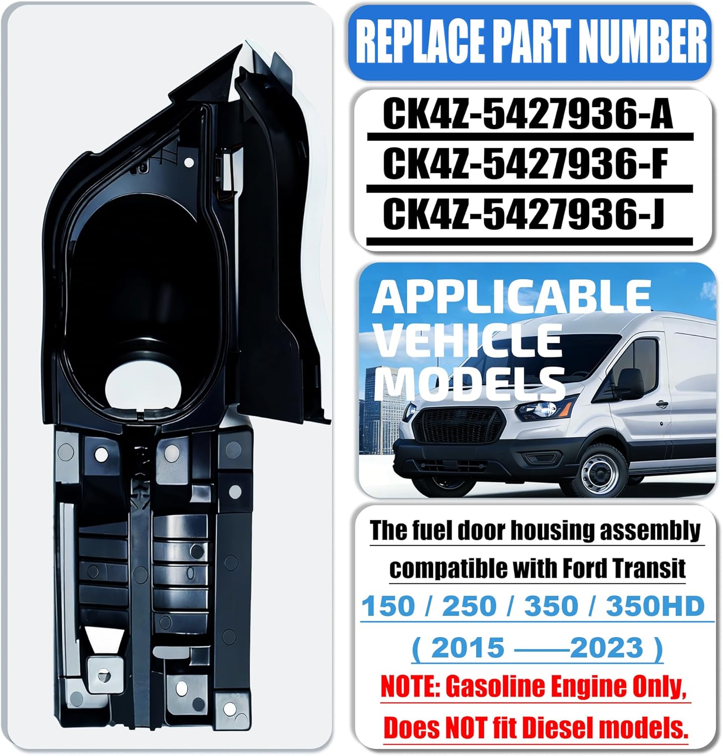 Transit Gas Door Assembly+White Cover, Compatible with 2015-2023 Ford Transit 150 250 350 350HD 3.5L 3.7L V6, Replace# CK4Z-5427936-A CCK4Z-5427936-F, Fuel Filler Door with White Cover