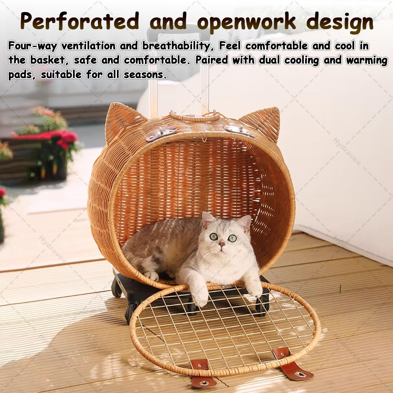 Passeggino per gatti in stile retrò, in rattan, con ruote e manico telescopico, ideale per viaggi, passeggiate e visite veterinarie